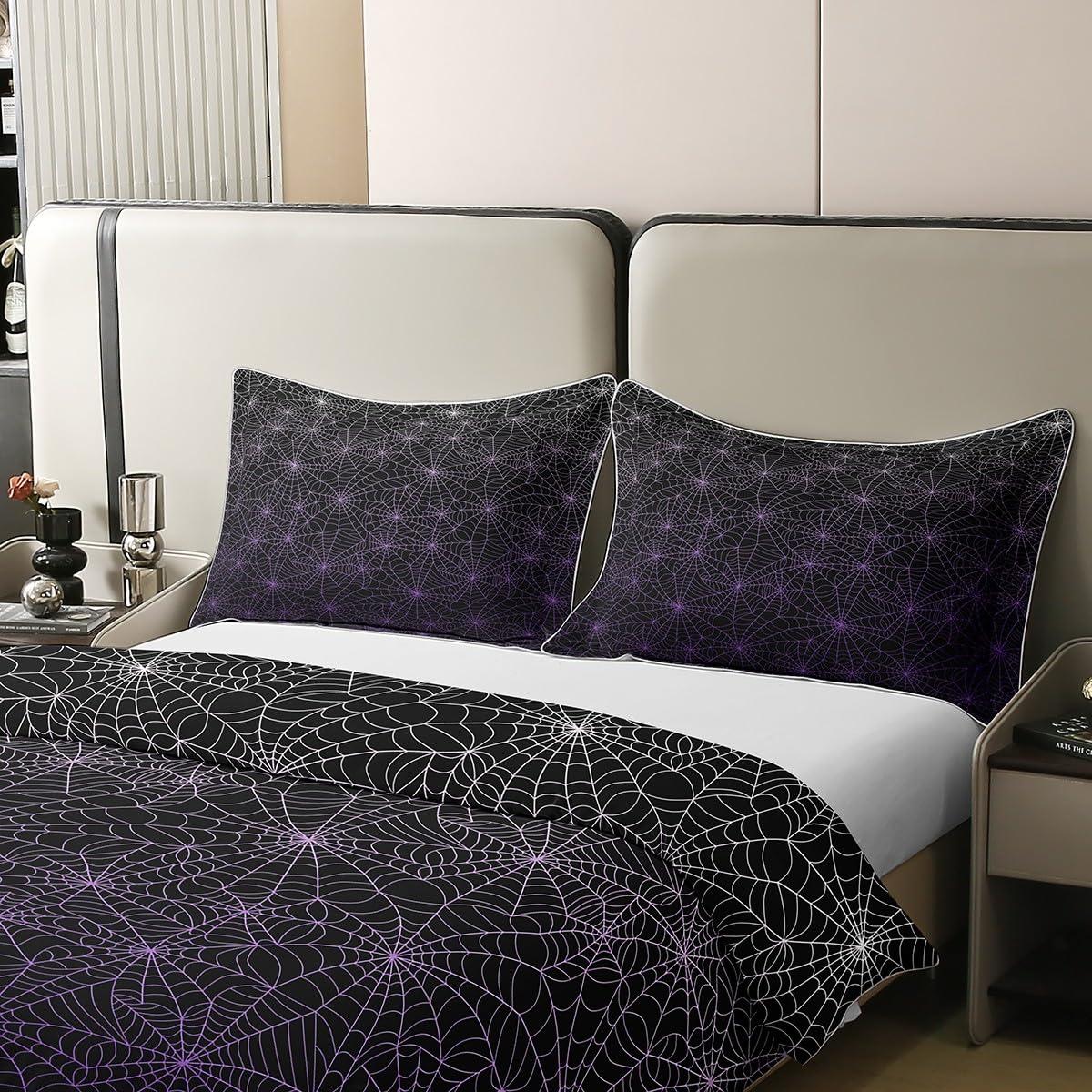 Erosebridal 100% Cotton Spider Web Bedding Set Full Size Halloween Duvet Cover Geometric Stripes Lines Comforter Cover Purple Ombre Quilt Cover for Adult Men Women Soft Comfy Bedroom Decor, Black White