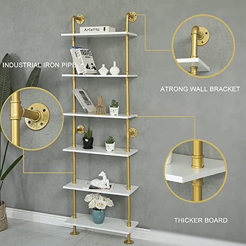 HEONITURE HEONITURE Industrial Gold Bookshelf-6 Tier Wall Mounted Ladder Bookshelf, Rustic Gold Storage Book Shelves Display Bookcases for Living Room/Home/Office