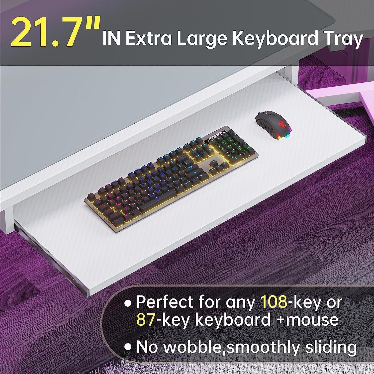 Thaweesuk Shop Thaweesuk Shop New Modern White 79 Inches U Shaped Gaming Computer Desk 2 Fabric Drawers LED Lights Monitor Stand Shelf Shelves Storage File Drawer Power Outlet Light Outlets Table Home Office Wood