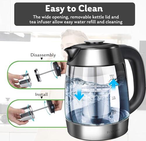 Fangflower Electric Glass Kettle 1.7L, Hot Water Boiler with 1500W Fast Boiling/ 5 Presets LED Indicator Lights/Removable Tea Infuser/Auto Shut-off
