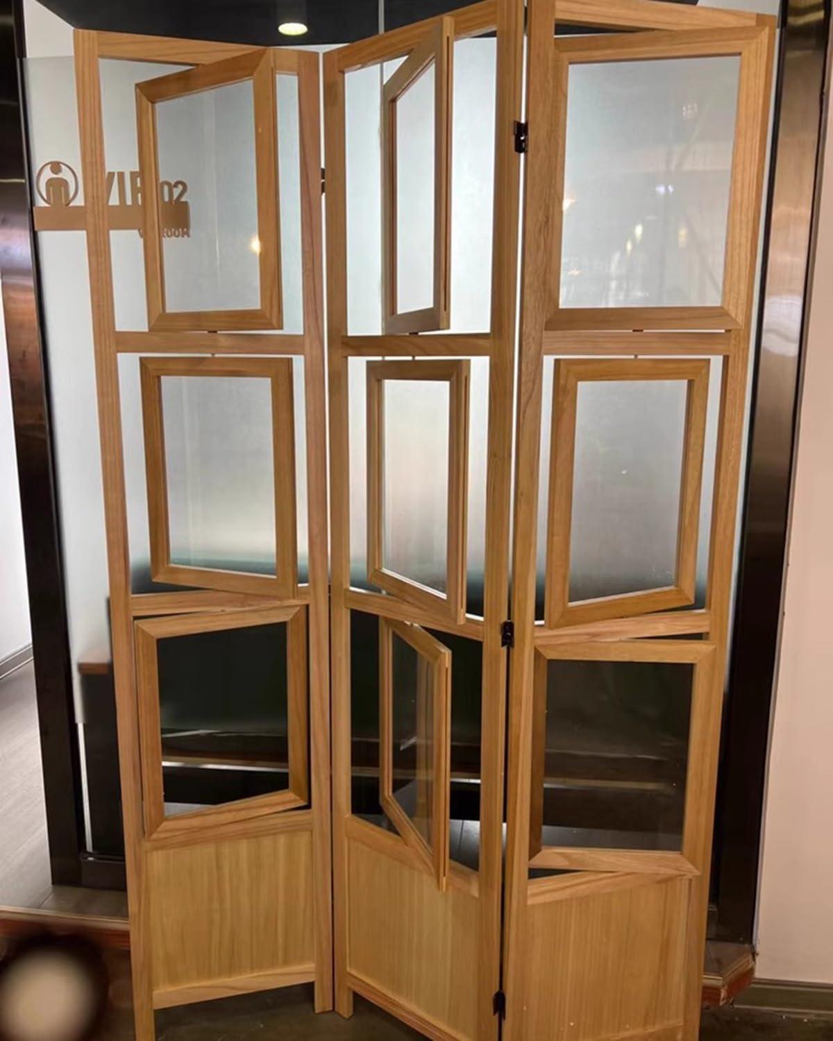 Blazea Wooden Room Divider with Picture Frame, Freestanding Room Partition Privacy Screen, 3 Hinged Panels for Store/Studio/Living Room/Restaurant(Natural)