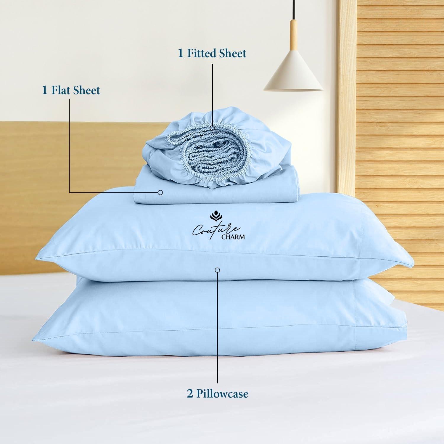 Couture Charm Queen Size 1000 Thread Count 100% Egyptian Cotton Sheet Set, 4-Piece, Sateen Weave, with 14-16\" Deep Pocket Snug Fit (Solid, Light Blue)