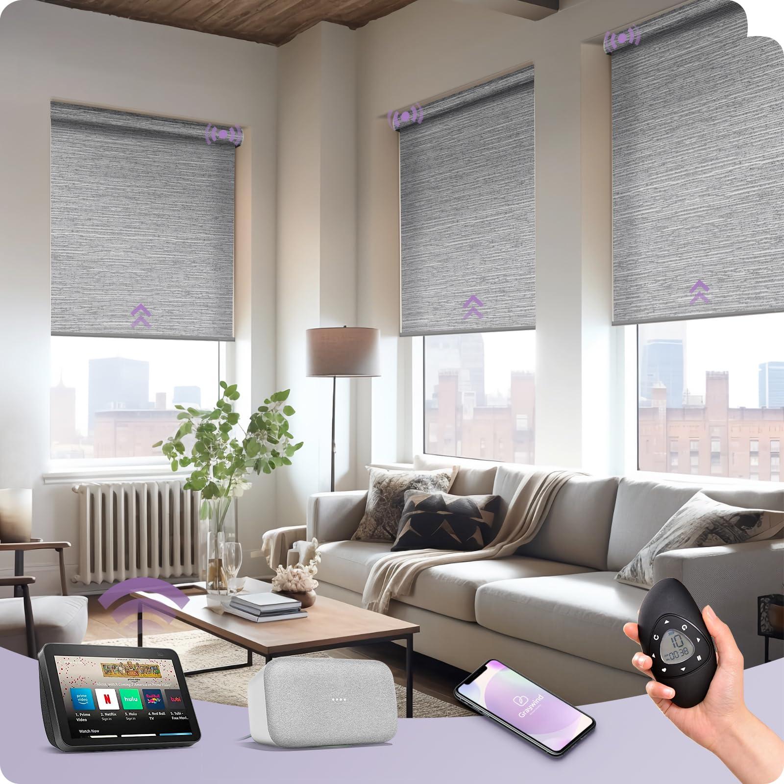 Graywind Graywind Motorized Light Filtering Shades Compatible with Alexa Google Rechargeable Remote Control Smart Blinds Automatic Window Shade with Valance for Home Office, Custom Size (Jacquard Grey)