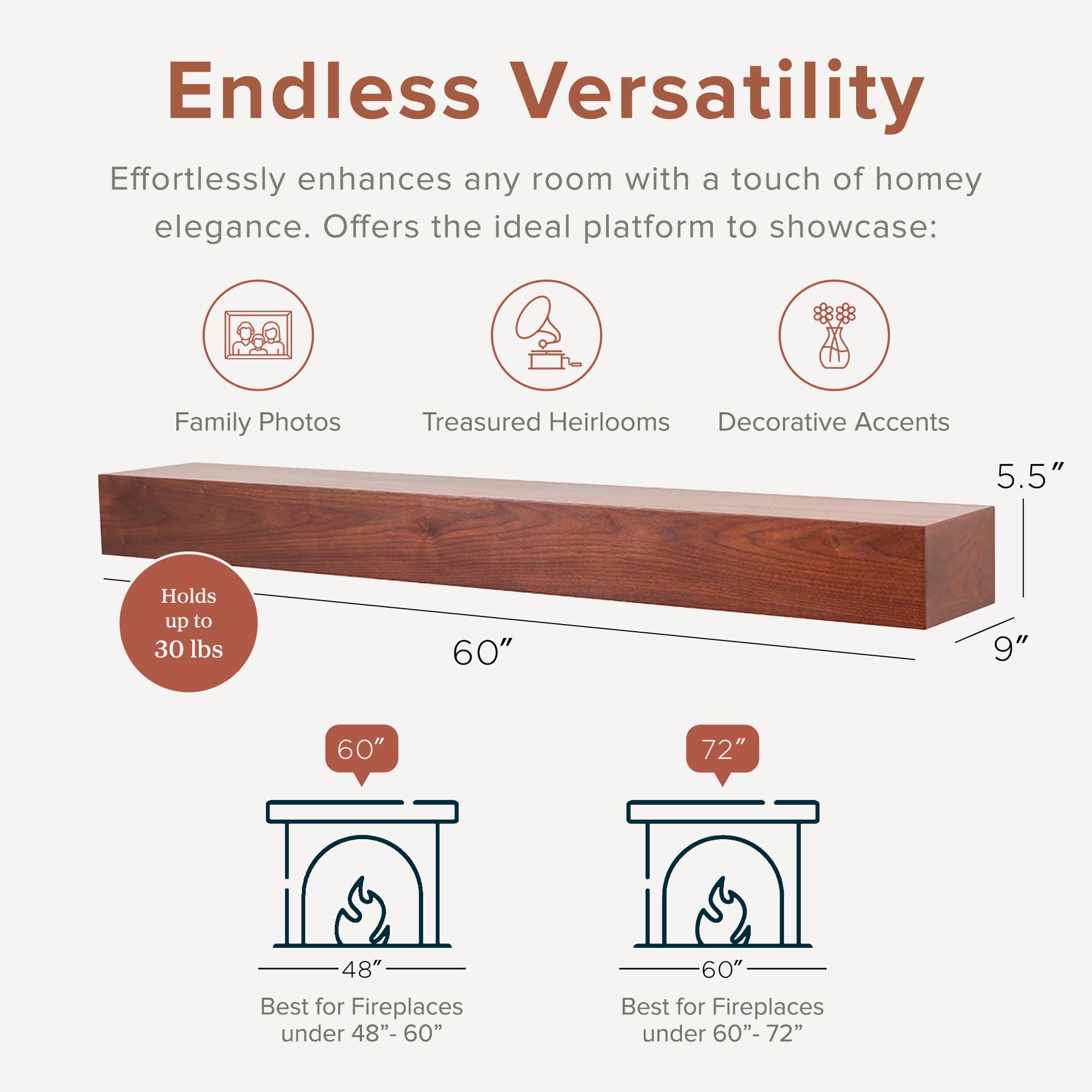 Modern Ember Modern Ember Walnut Creek 60 Inch Fireplace Mantel Shelf in Burnt Sienna - Durable 9\" Depth, Wall-Mounted Shelf with Smooth Finish and Close-Grain Details, Real Walnut Wood
