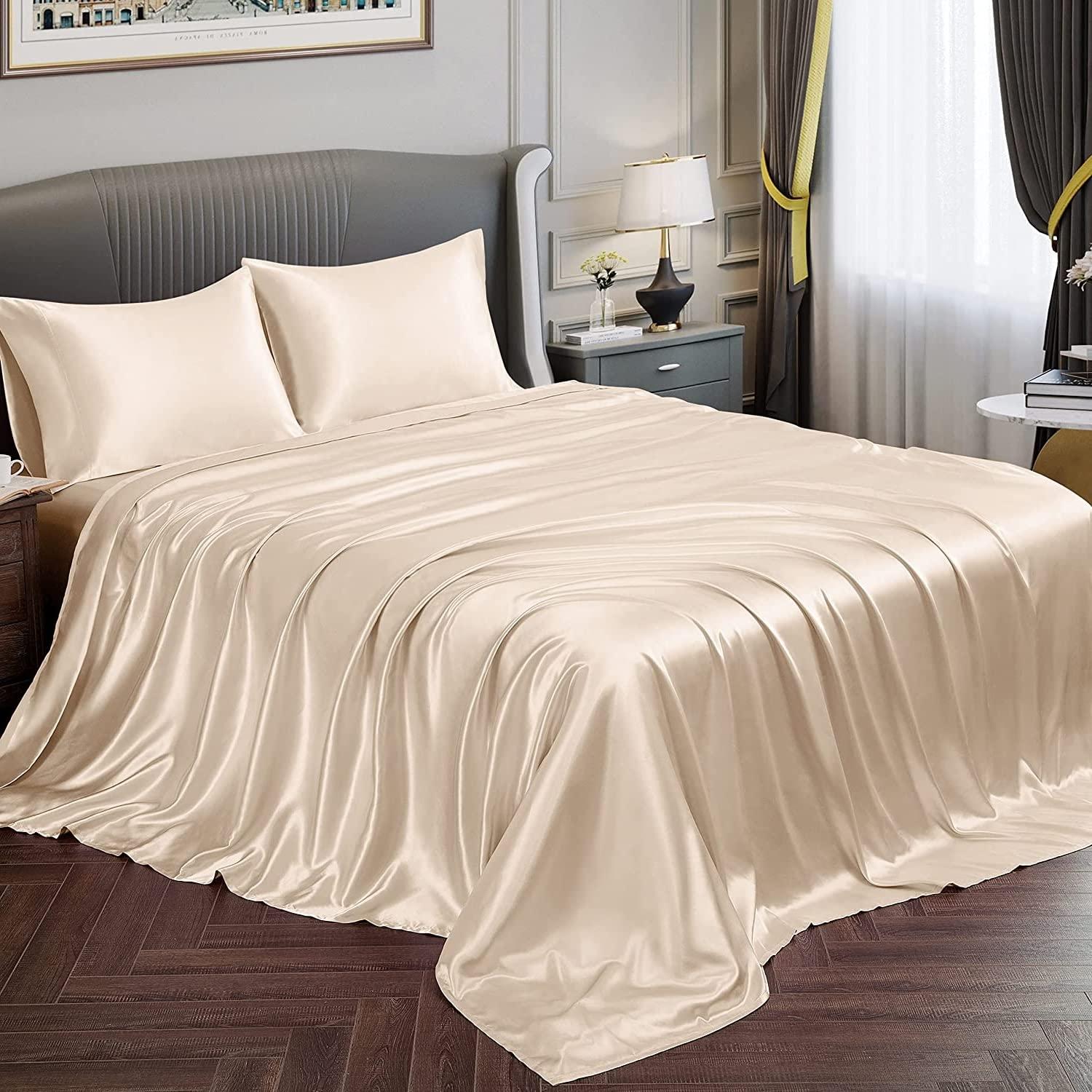 Daksh Linen Daksh Linen Luxurious Silk Satin Sheet Set King Size Bed Set 4 Piece Beige Durable & Soft (Flat Sheet + Fitted 18\'\' + 2 Pillowcases) Bedding Satin Sheets
