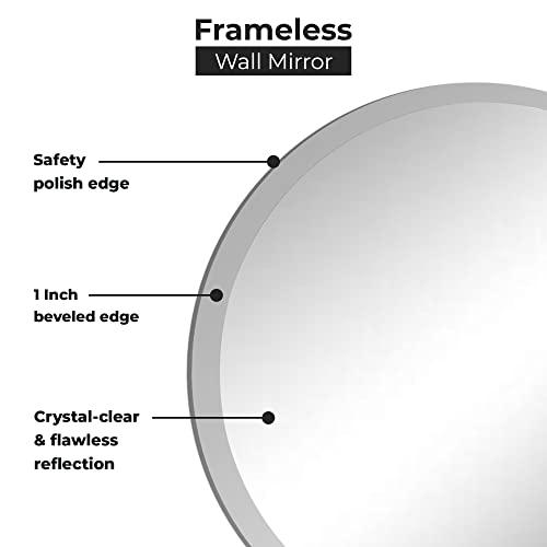 Fab Glass and Mirror Fab Glass and Mirror Frameless Round Safety Backing 1" Beveled Edge Mounted with Hooks-Wall Mirror for Bedroom, 30" x 30", White
