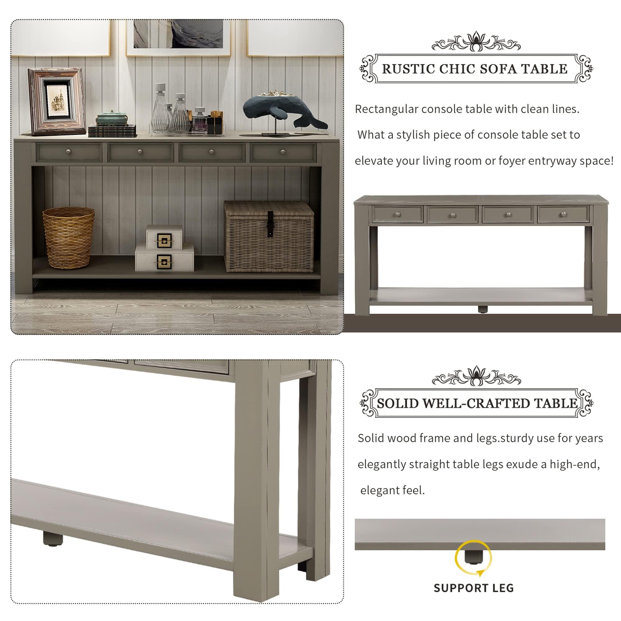 DXH 64 Inch Long Console Table, with 4 Drawers and Bottom Shelf, Farmhouse Sofa Table for Entryway Hallway Living Room-Khaki