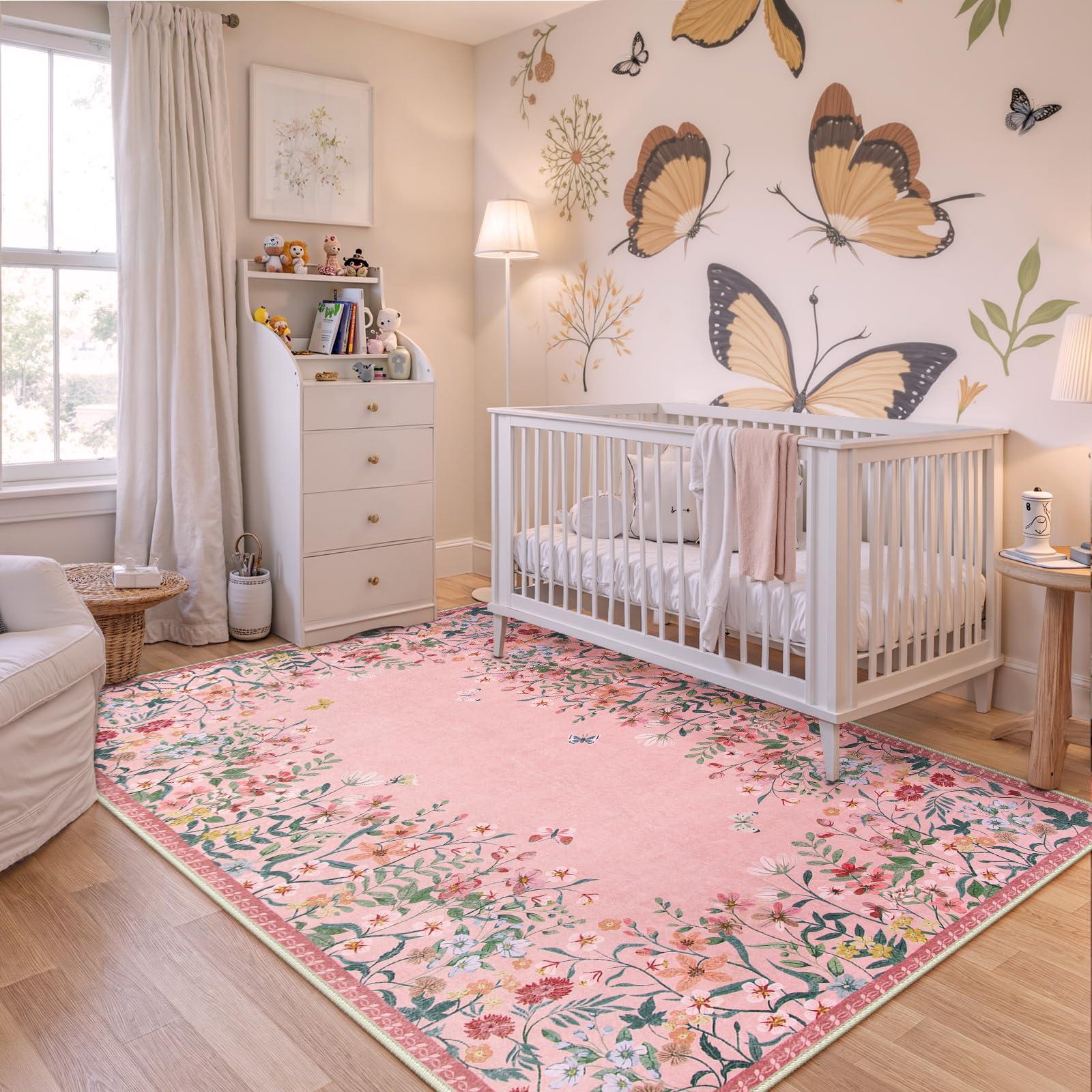 Wonnitar Wonnitar Washable Rug, 5x7 Pink Rugs for Living Room, Floral Print Non-Slip Pink Area Rugs for Bedroom Girls, Soft Large Throw Carpet for Kids Nursery Room (Pink,5'x7')