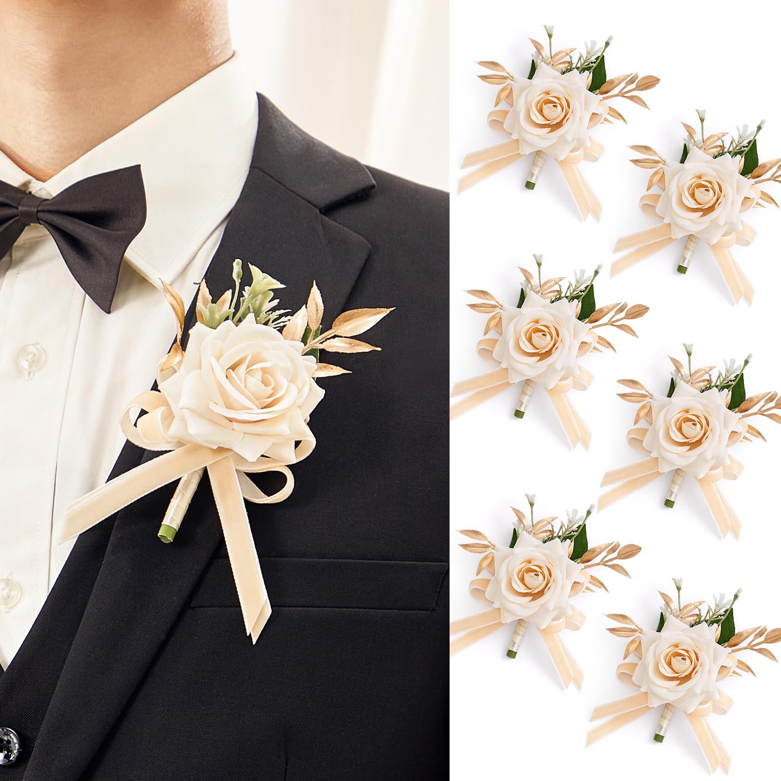 Serwalin Serwalin 6 Pcs Champagne Boutonniere for Men Wedding