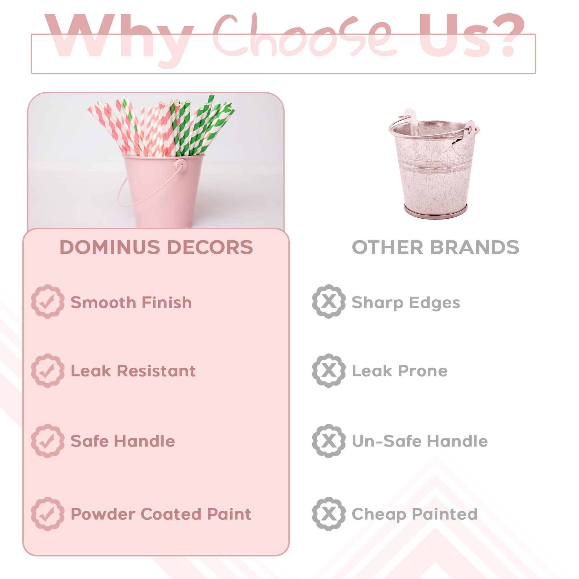 Dominus Decors Small Metal Buckets with Handles - Leak-Proof Metal Pail Bucket - Galvanized Bucket with Handle - Multipurpose Tin Bucket for Party Favors, Organization, School, Weddings, Garden - Set of 6, Pink