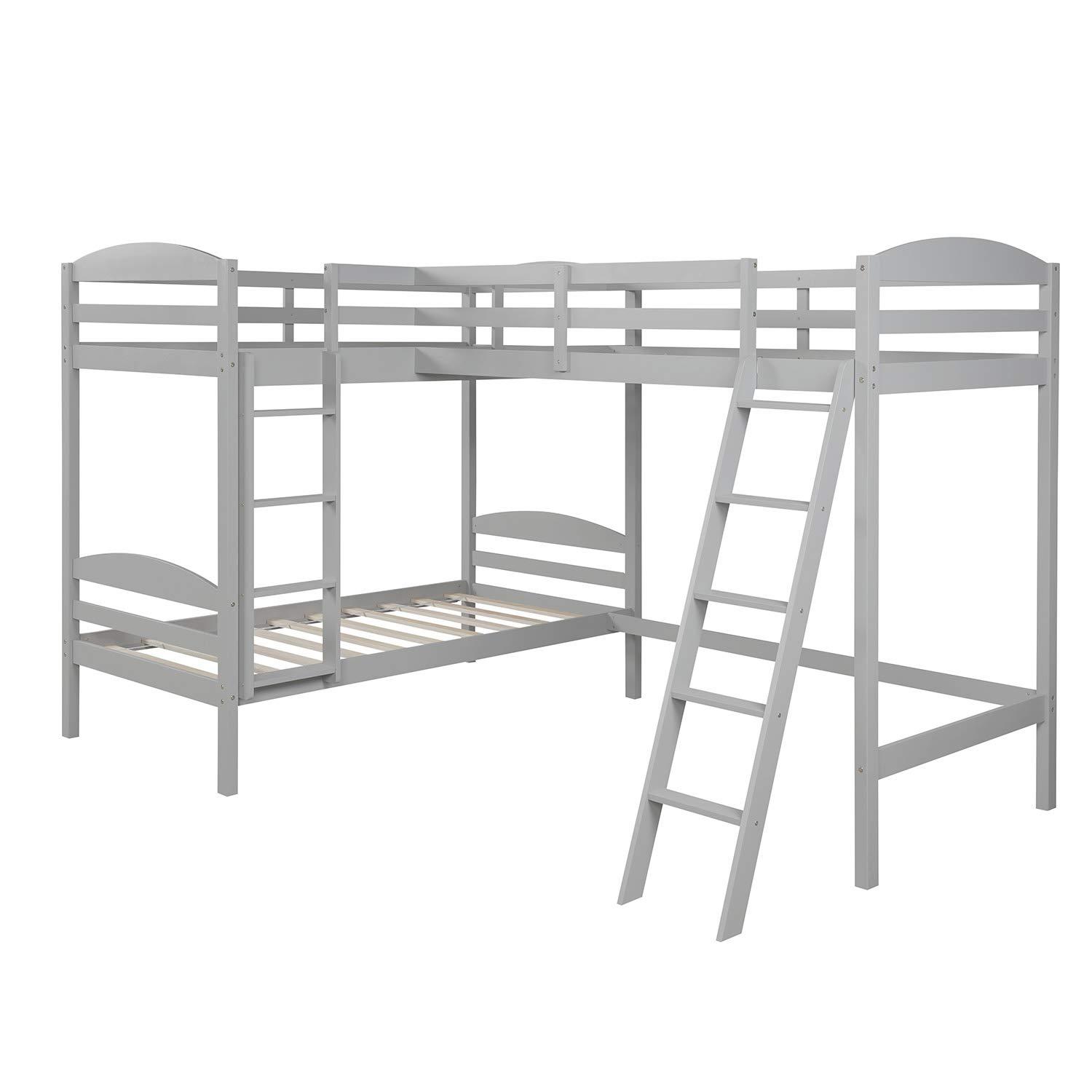 RUNNA Triple Bunk Bed Twin Size Wood L-Shaped Corner Bunk Bed Frame 3 Bed Bunk Loft Bed with Full Length Guardrails and Flat Ladder, 3 Bed Bunk, No Box Spring Needed (Gray+Wood)