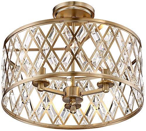 Possini Euro Design Possini Euro Design Tanz Modern Ceiling Light Semi Flush-Mount Fixture 16 1/2\" Wide Satin Brass 3-Light Clear Glass Crystal Drum Frame for Bedroom Kitchen Living Room Hallway Dining Bathroom House