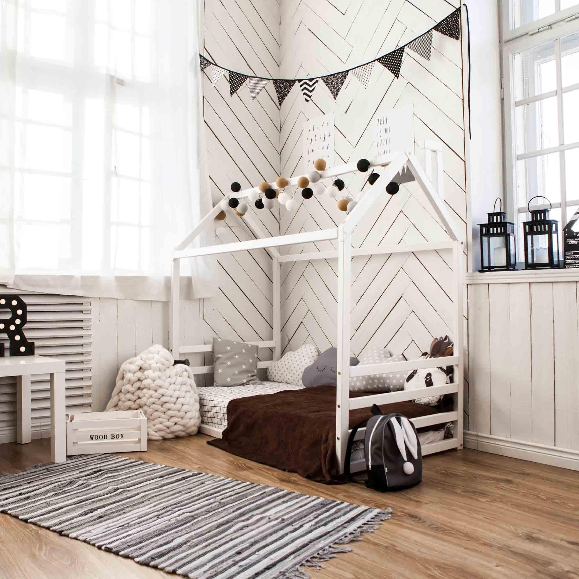 Sweet Home From Wood Montessori bed, Toddler house bed frame US Twin size, Montessori floor bed frame, Canopy bed WITH slats