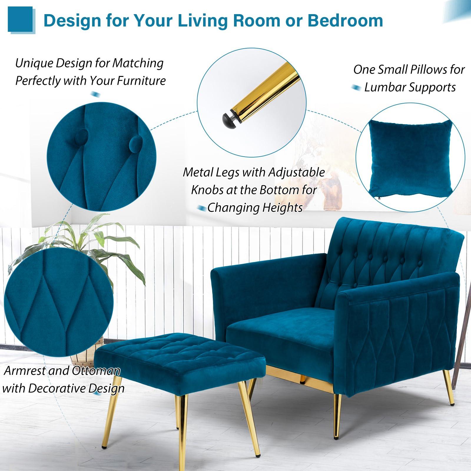 ACMEASE ACMEASE 2 Pieces Velvet Sofa Set with Adjustable Armrest and Backrest, 70 Convertible Futon Sofa Bed & Mordern Accent Chair with Ottoman for Living room, Bedroom, Teal