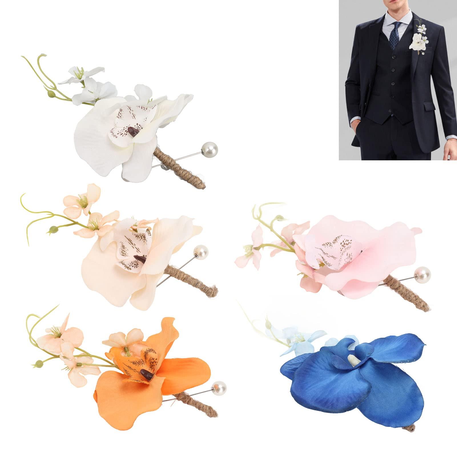 KWQBHW KWQBHW 5 Pcs Groom Boutonniere Wedding Elegant Orchid Boutonniere for Men with Pins Groom and Groomsmen Boutonniere for Wedding Ceremony Anniversary Party(White)