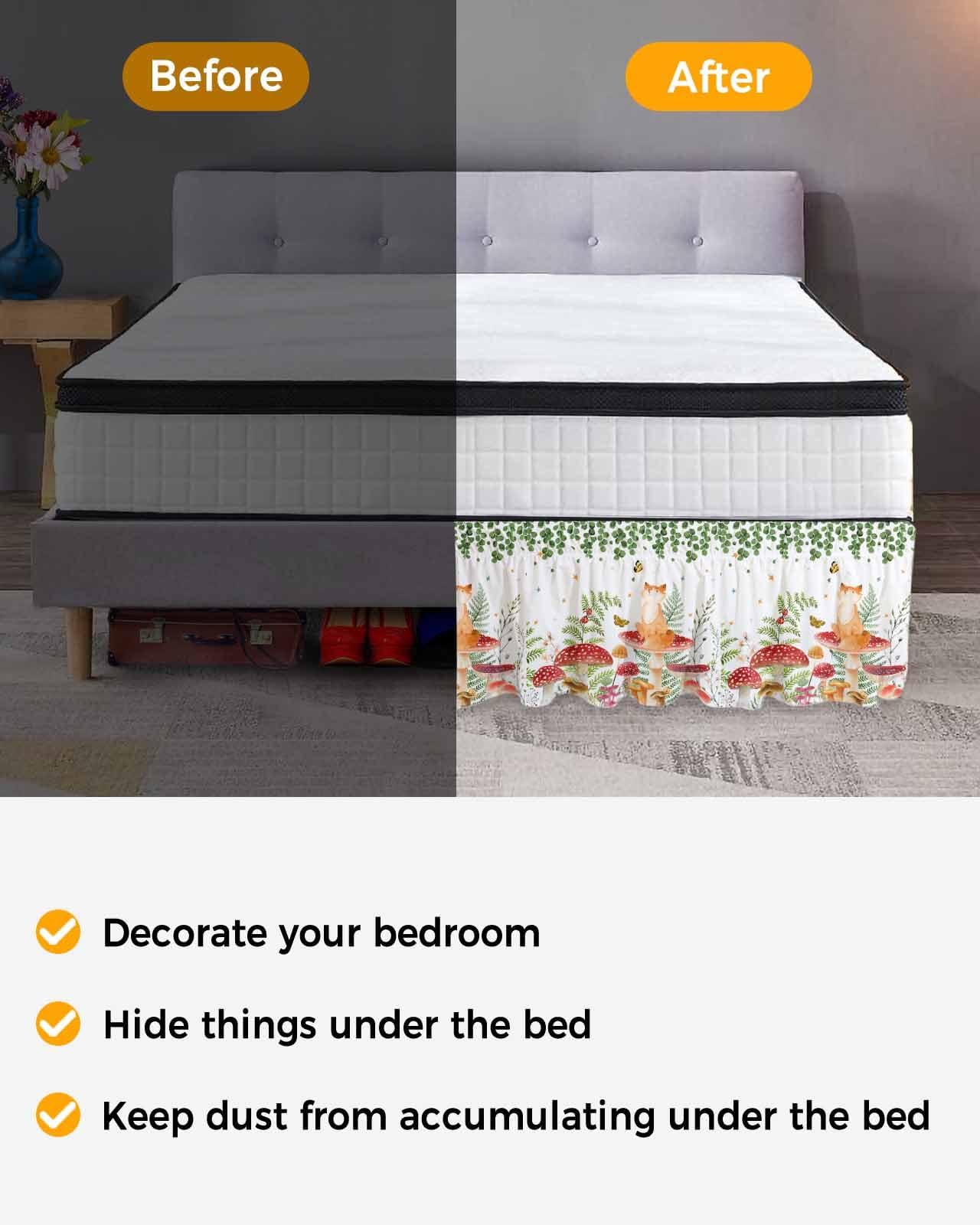 RisQiten RisQiten Mushroom Bed Skirt Queen Size 18 Inch Drop, Adjustable Elastic Bedskirt Dust Ruffle for Queen Bed, Spring Summer Botanical Eucalyptus Leaves Wrap Around Bed Skirts Pleated Bed Frame Cover