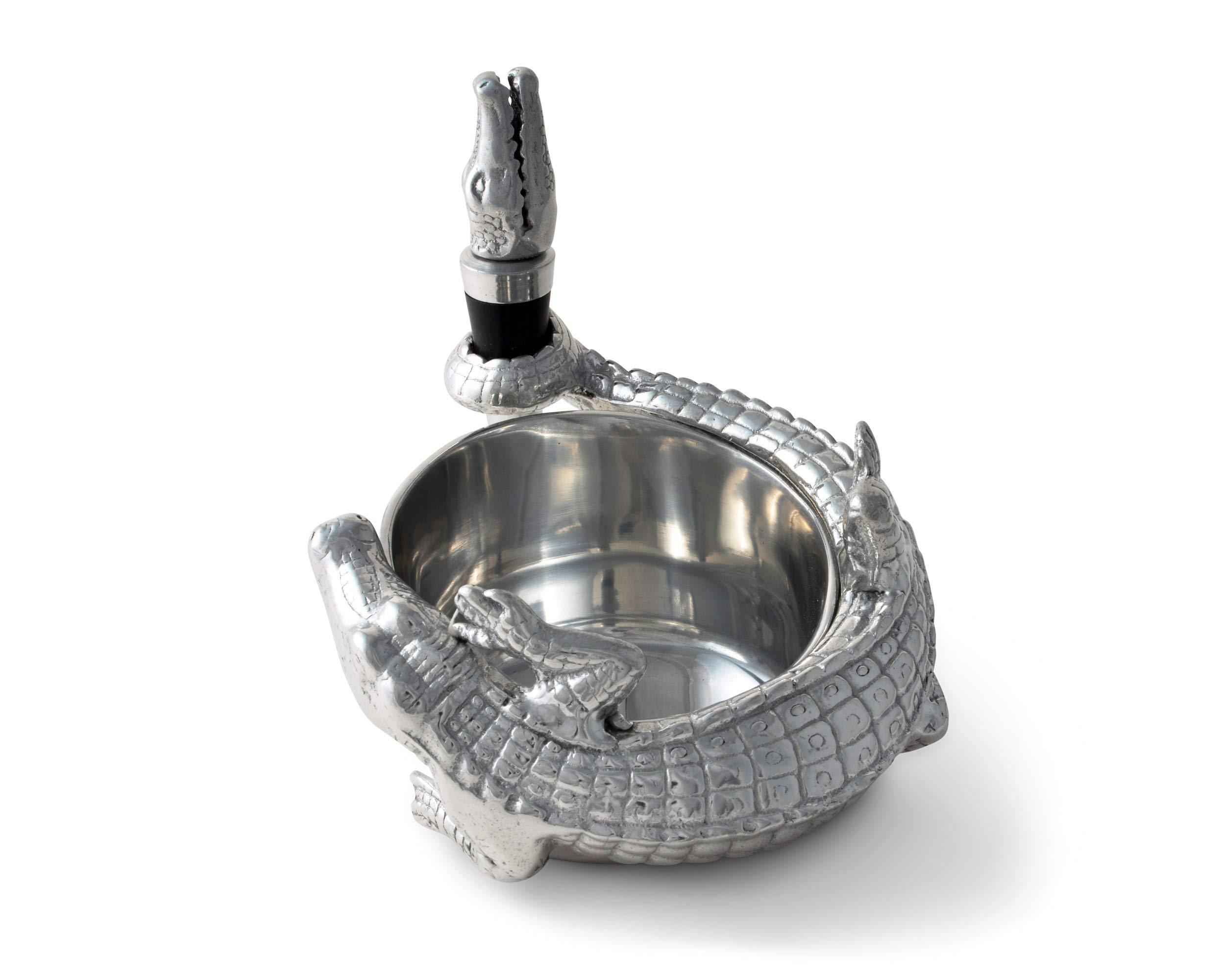Arthur Court Arthur Court Designs Aluminum Alligator Wine Coaster / Holder and Bottle Stopper Set Gator Florida Décor 4 inch Diameter 3.5 inch Tall