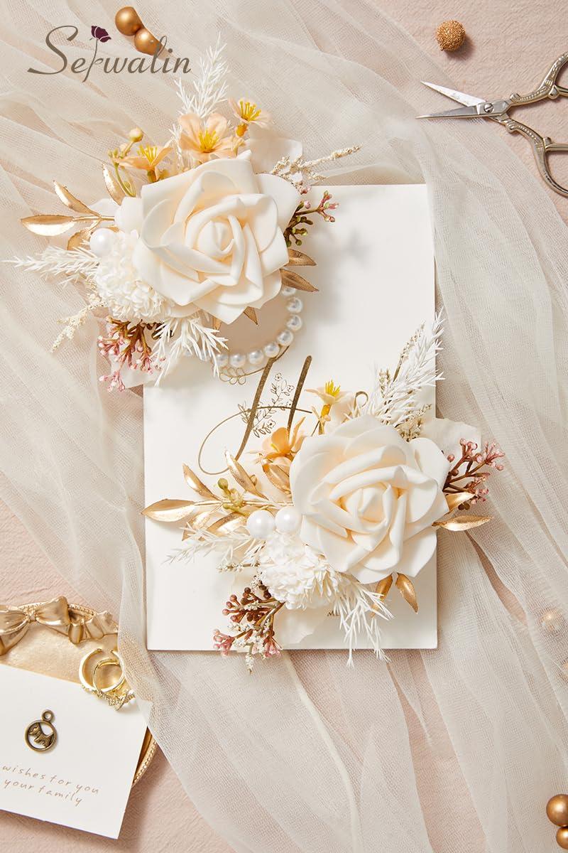 Serwalin Serwalin Champagne Corsage and Boutonniere Set, Champagne Rose Wrist Corsages for Wedding