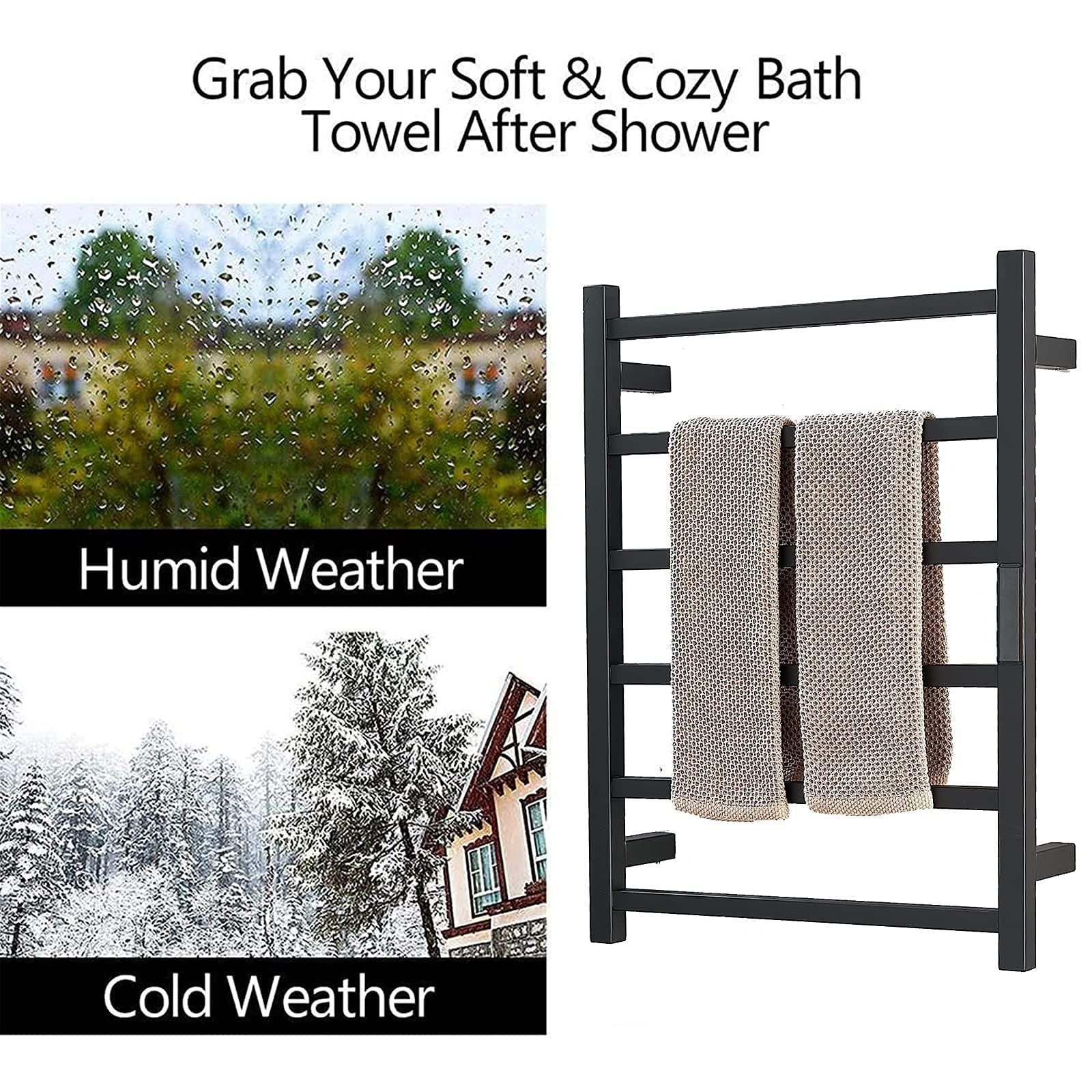 NXZQPYBJ NXZQPYBJ Heated Towel Rack, Electric Towel Warmer 6 Bars Heated Towel Rack for Bathroom Wall Mounted Square Drying Rack 304 Stainless Steel Heated Towel Rail Radiator,Electric Towel Warmer (Plug in)