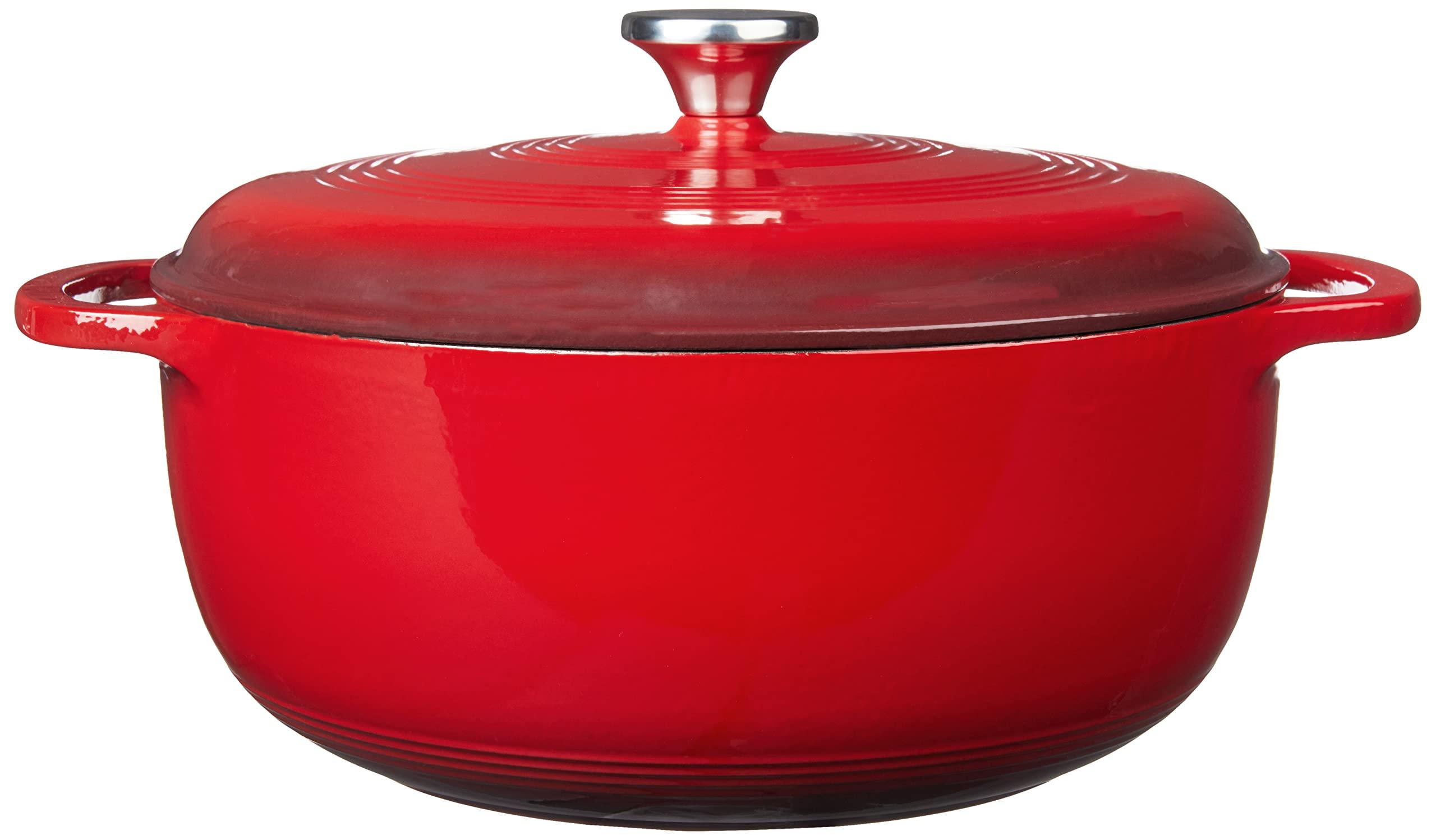 Lodge Lodge EC7D43 Enameled Cast Iron Dutch Oven, 7.5-Quart, Island Spice Red & Cast Iron Skillet with Red Silicone Hot Handle Holder, 12-inch