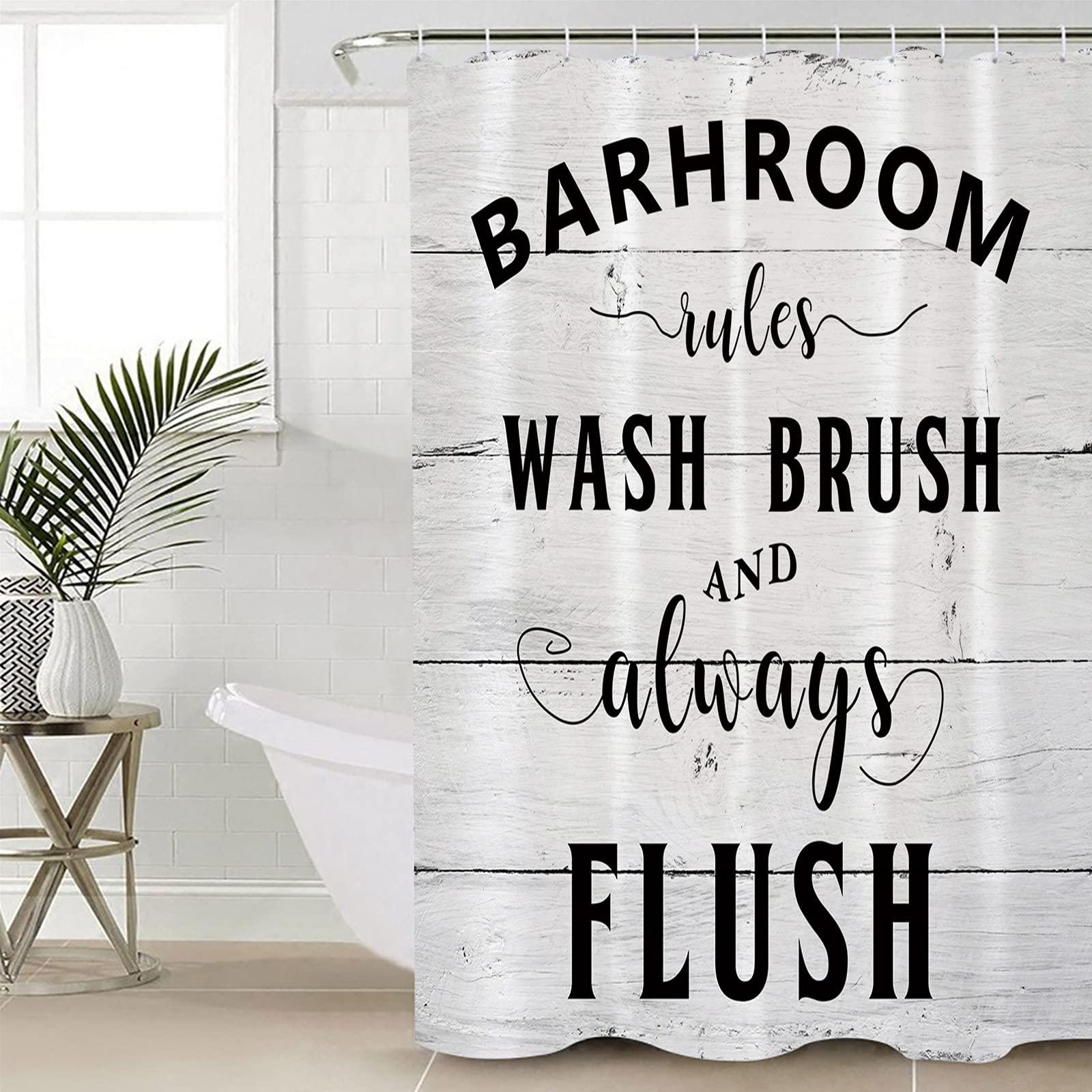 Pinroote Pinroote Bathroom Rules Shower Curtain, Stall Shower Curtains for Bathroom/Bathtub, Farmhouse Wooden Grain Striepd White Waterproof Fabric Shower Curtain Set with 12 Hooks, 60\" x 72\"