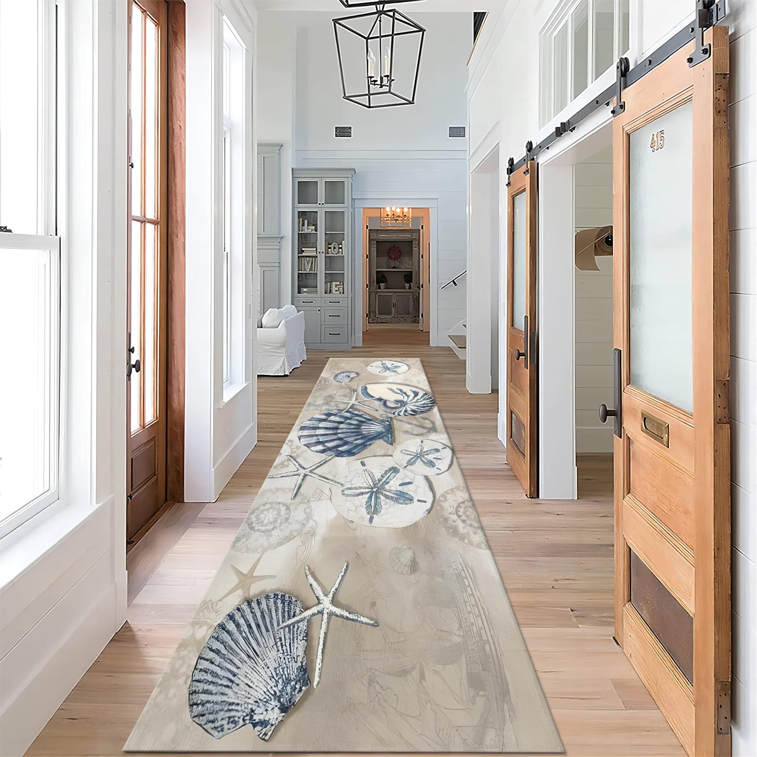 SMXVRC SMXVRC Nautical Ocean Theme Runner for Entryway, 2x8ft, Summer Beach Hallway Runner Rug, Coastal Shell Anti-Slip Area Rug, Foldable Washable Entry Carpet for Family Bedside Entrance