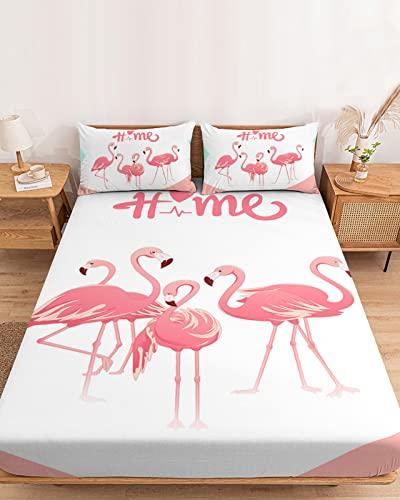 ZFUNCING Romantic Summer Flamingo Love Heart Tropical Animal Fitted Bed Sheets Twin Size Fit 5-16inch Deep Pockets,Luxury Bottom Sheet Bedding Set with Pillow Case,Pink White Fitted Sheet for Mattress