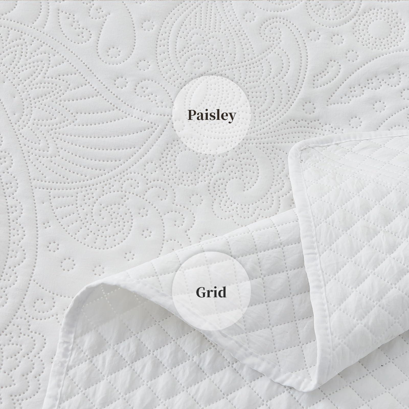 SUCHBED SUCHBED California King Bedspread Set Oversized King Bedspreads 128x120 inches Cal King Quilt Bedding Set Extra Wide King Quilt Paisley Quilt White Coverlet Sets with Shams