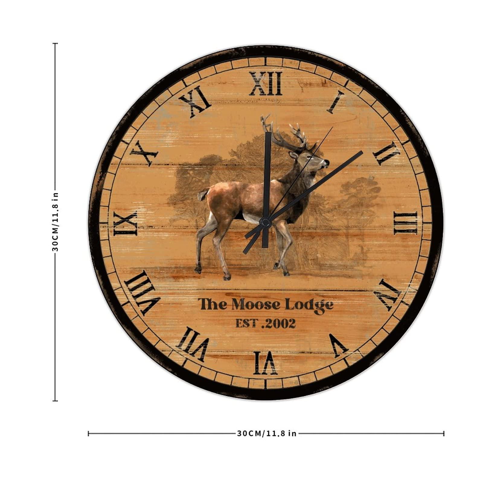 LetusZhogo Moose Clock Personalized Rustic Moose Wall Clock Country Rustic Cabin Wood Clock 12 Inch Rustic Chic Wall Clock Non Ticking Silent Rustic Home Decor for Kitchen/Dining Room/Bedroom/Office/School