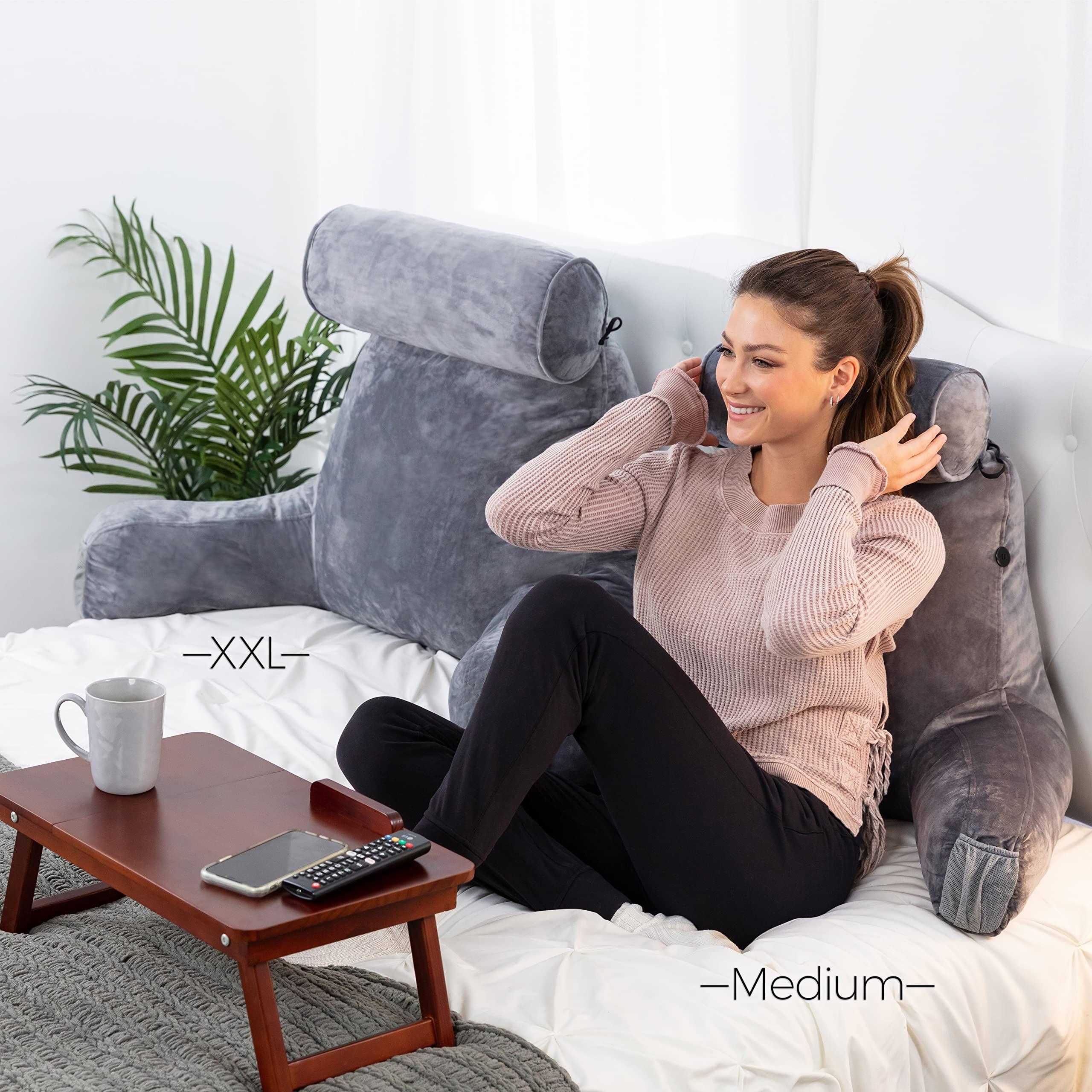Husband Pillow Husband Pillow XXL Reading Pillow for Bed Backrest with Arms - Dark Grey - Adult - Shredded Memory Foam, Ultra-Comfy Microplush Cover & Detachable Neck Roll - Unmatched Support Bed Rest Sit Up Pillow