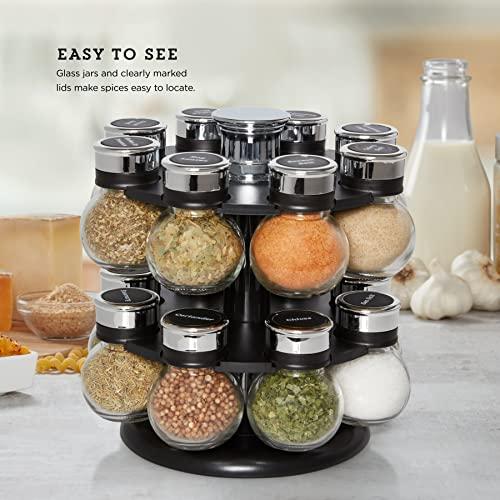 Kamenstein Kamenstein 16 Jar Ellington Revolving Countertop Spice Rack with Lift & Pour Caps and Spices Included, FREE Spice Refills for 5 Years: Black and Chrome