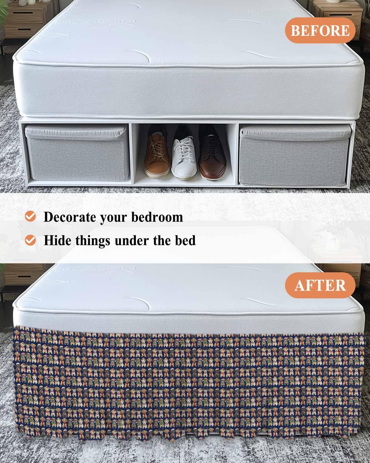 IDOWMAT Christmas Pet Dog Santa Hat Ruffled Bed Skirt,Elastic Wrap Around Bed Skirts for 72x84 Inch Bed, Winter Xmas Ornament Navy Bedskirt with 16 Inch Drop Easy Fit Bed Frame Cover