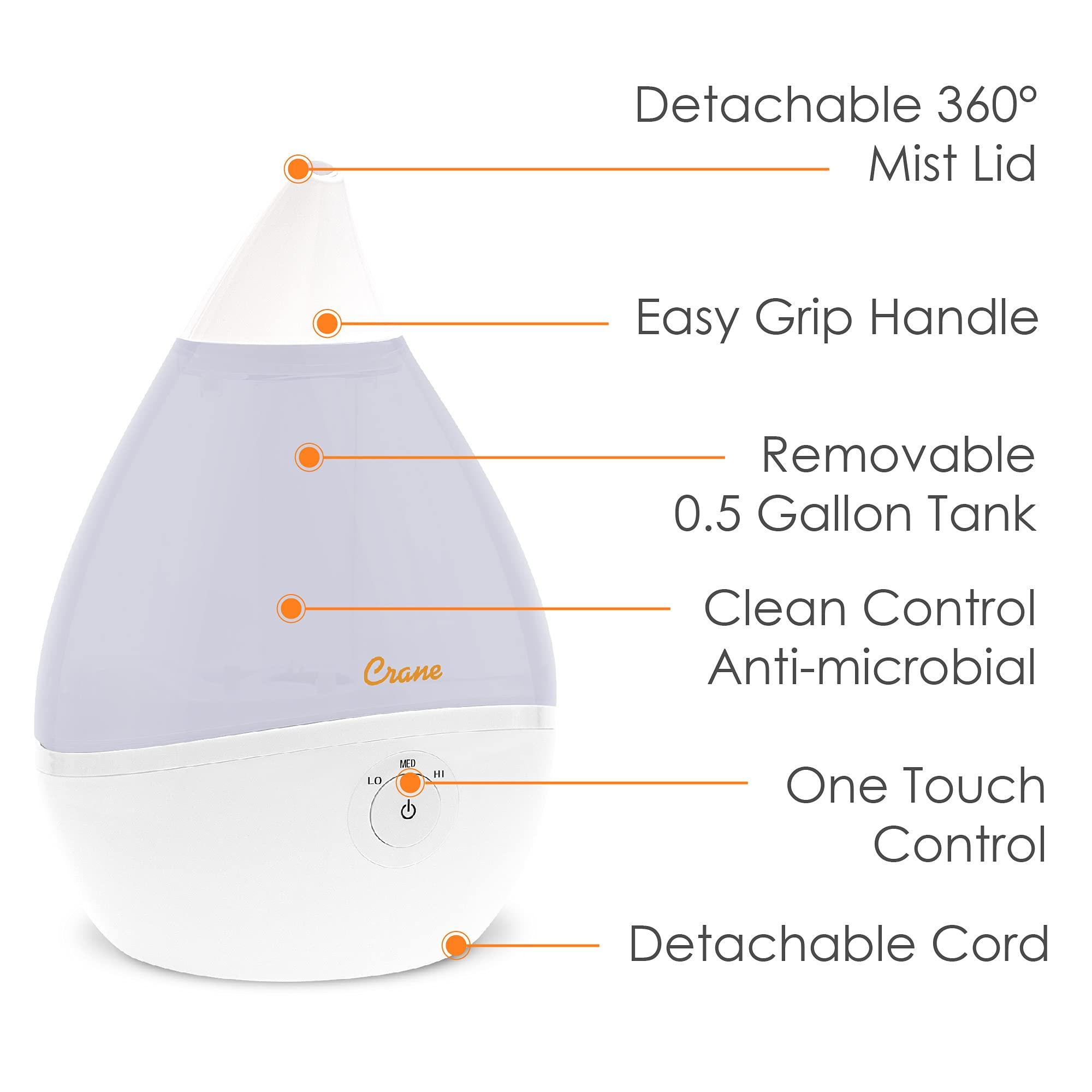 Crane Crane Droplet Ultrasonic Small Air Humidifiers for Bedroom and Office, 0.5 Gallon Cool Mist Humidifier for Plants and Home, Humidifier Filters Optional, White