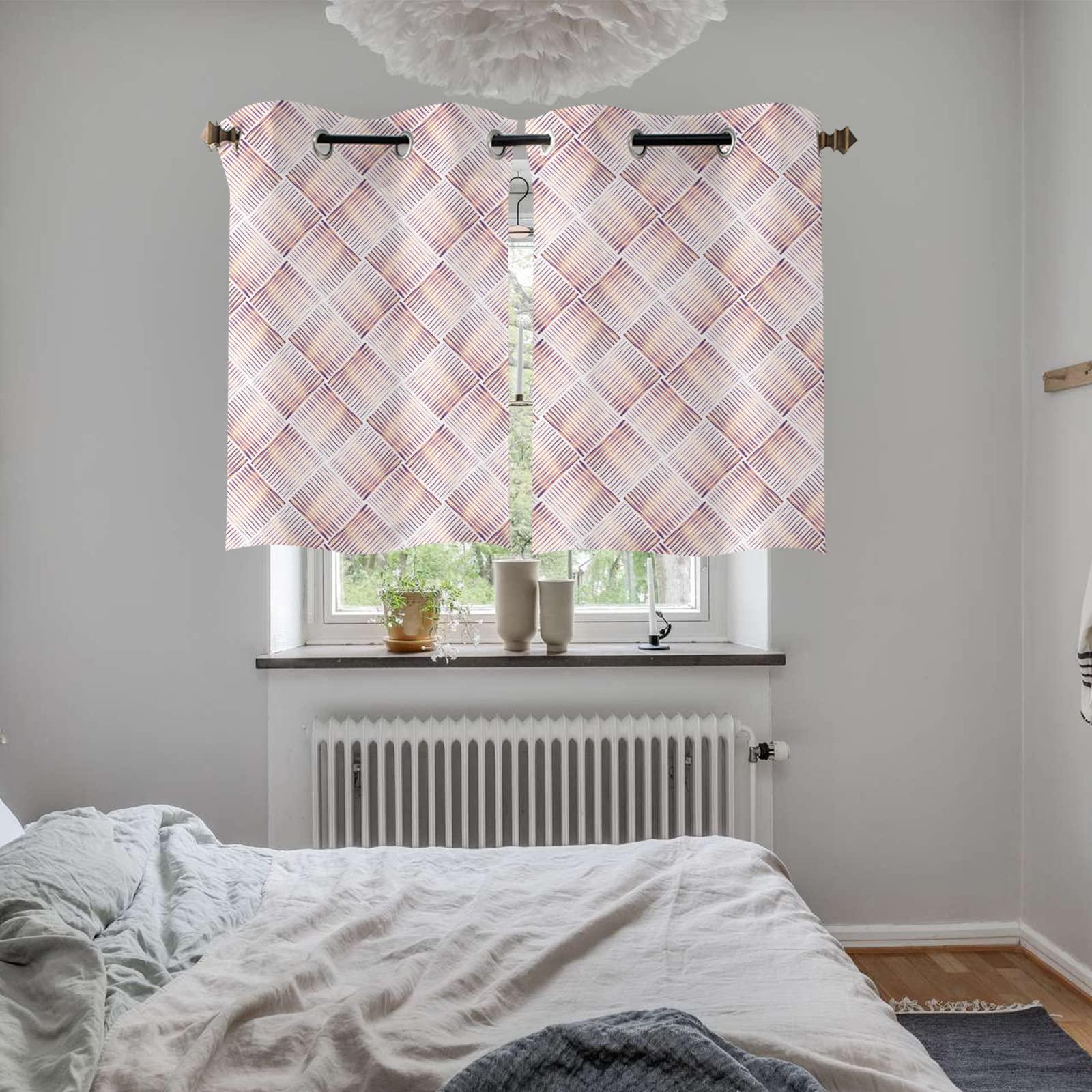 ZOE STORE ZOE STORE Short Kitchen Curtain Panel 39 Inches, Pink Geometric Window Treatment with Grommets, Rhombus Plaid Line Weave Texture Small Window Curtain Drapes for Sink, 55" W x 39" L