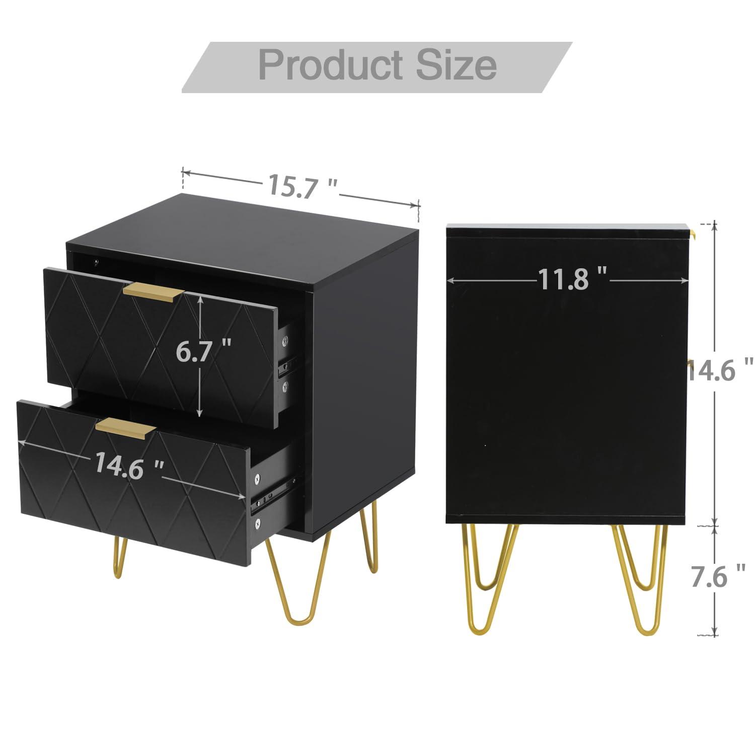 Anbuy Anbuy Black Nightstand Set of 2 with Gold Handle, Bedside Table with 2 Drawers, Night Stands Set of 2 Gold Legs for Bedroom Living Room