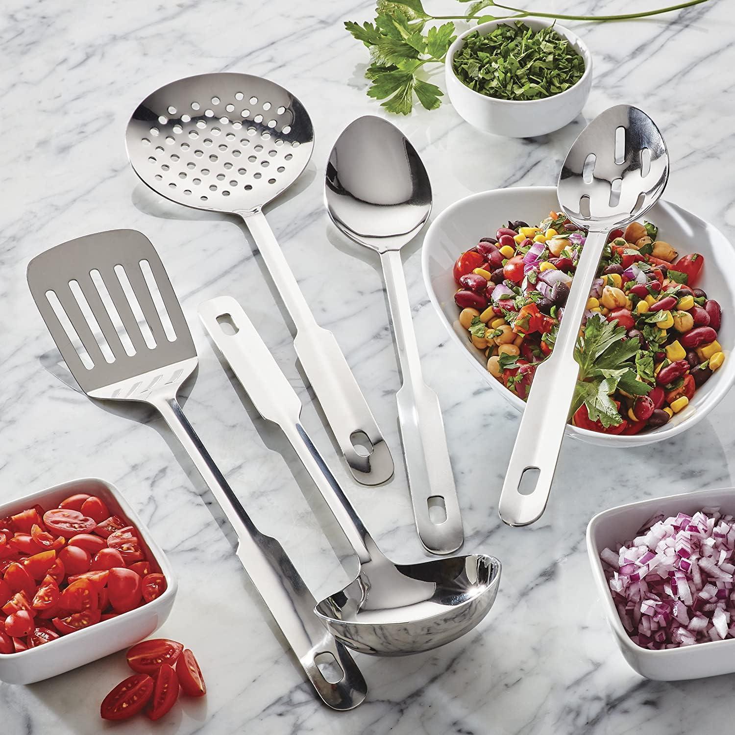 Amco Amco 11-Inch Everyday Utensil Set (5-Piece) - Stainless Steel & Heat Resistant, Hang Hole for Easy Storage - Dishwasher Safe - Ideal Kitchen Gadget for Restaurants or Home