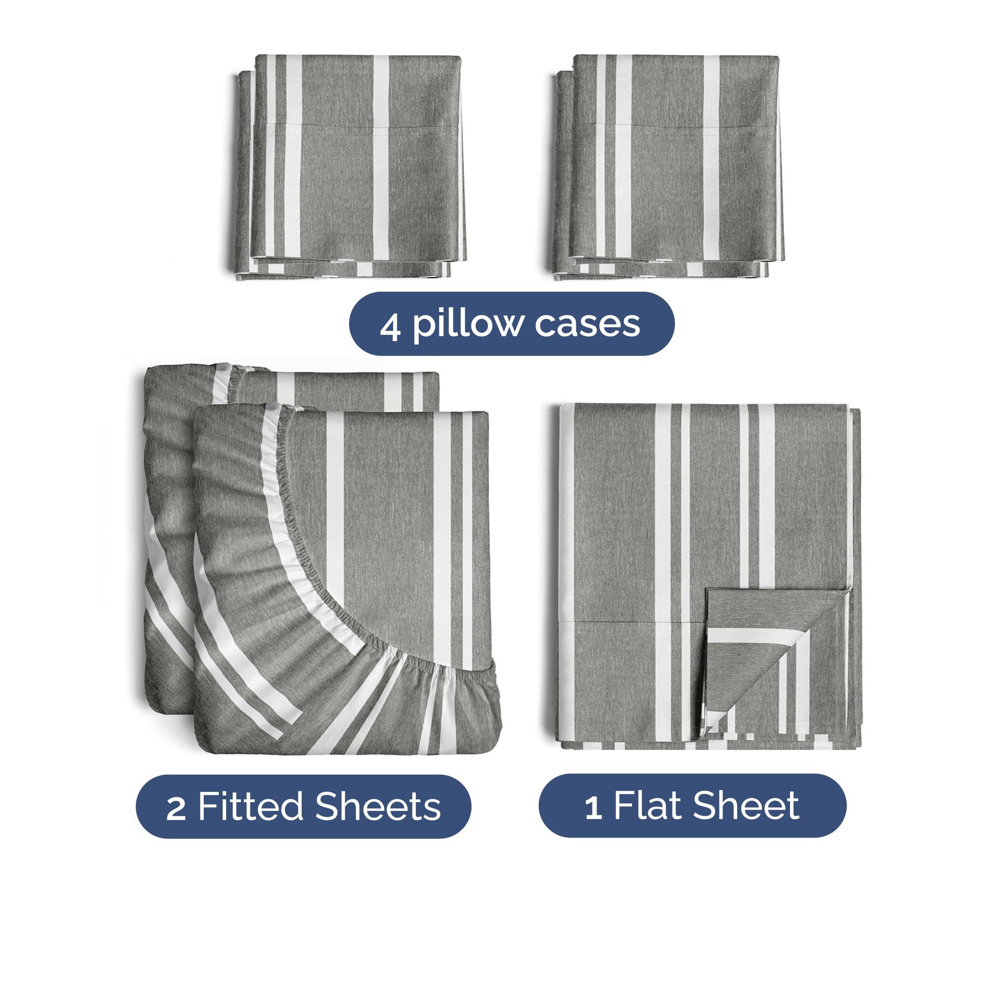 CGK Unlimited Split King 7 Piece Sheet Set - Breathable & Cooling Sheets - Hotel Luxury Bed Sheets - 1 Flat Sheet, 2 Fitted Sheets & 4 Pillowcases - Easy Fit, Soft & Wrinkle Free - Split King Grey Stripes Sheets