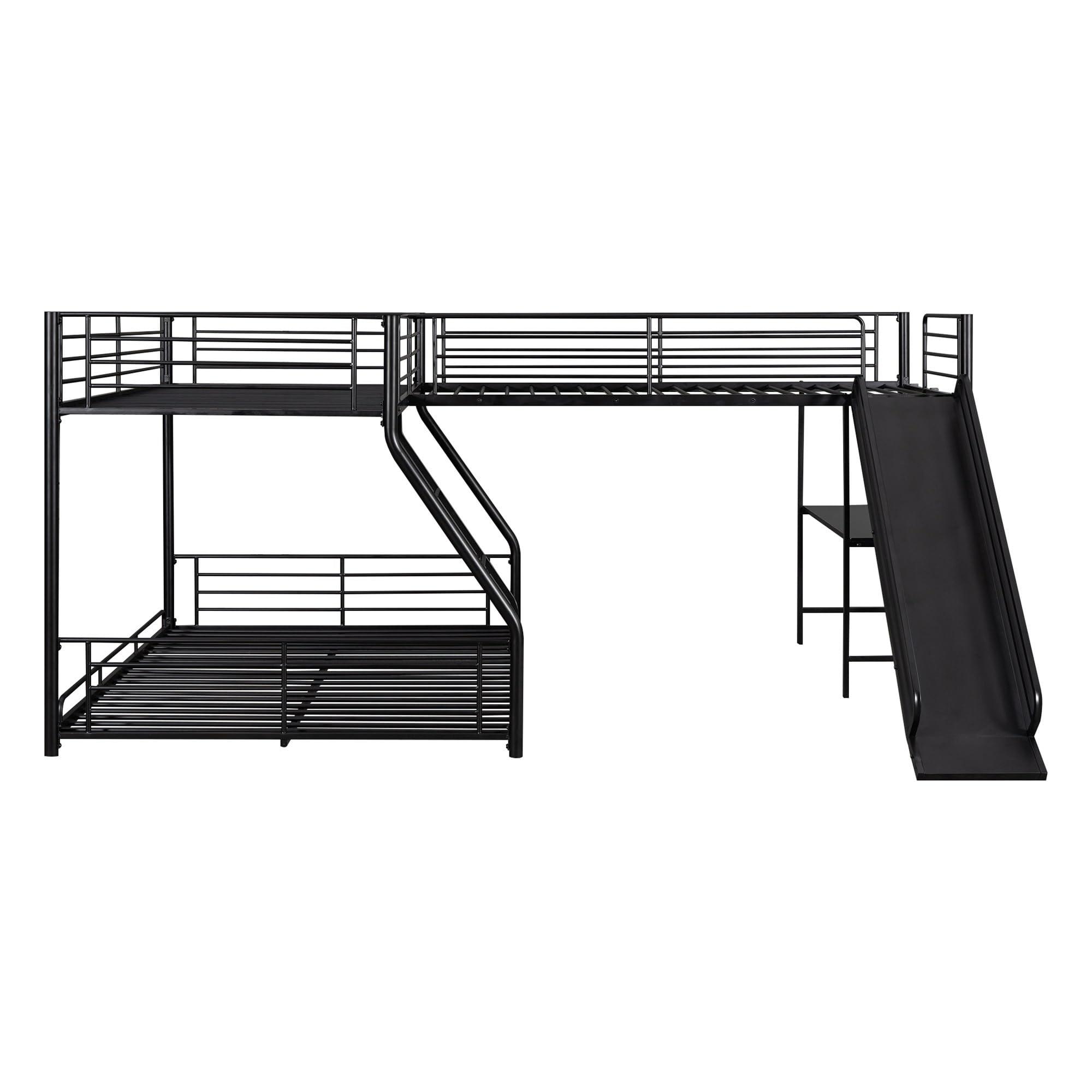 MhaRt L-Shaped Twin Over Full Bunk Bed with Twin Size Loft Bed, Built-in Desk, and Slide, Black,Modern Style