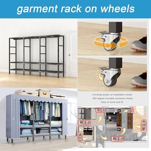 ZAIHW Garment Rack Walk In Closet Organizer Heavy Duty Clothes Rack Closet System with 3 Hanging Rods, 8 Wheels, 1600 LBS Load Capacity for Wardrobe, Freestanding Bedroom Armoire (215cm/84.6in)