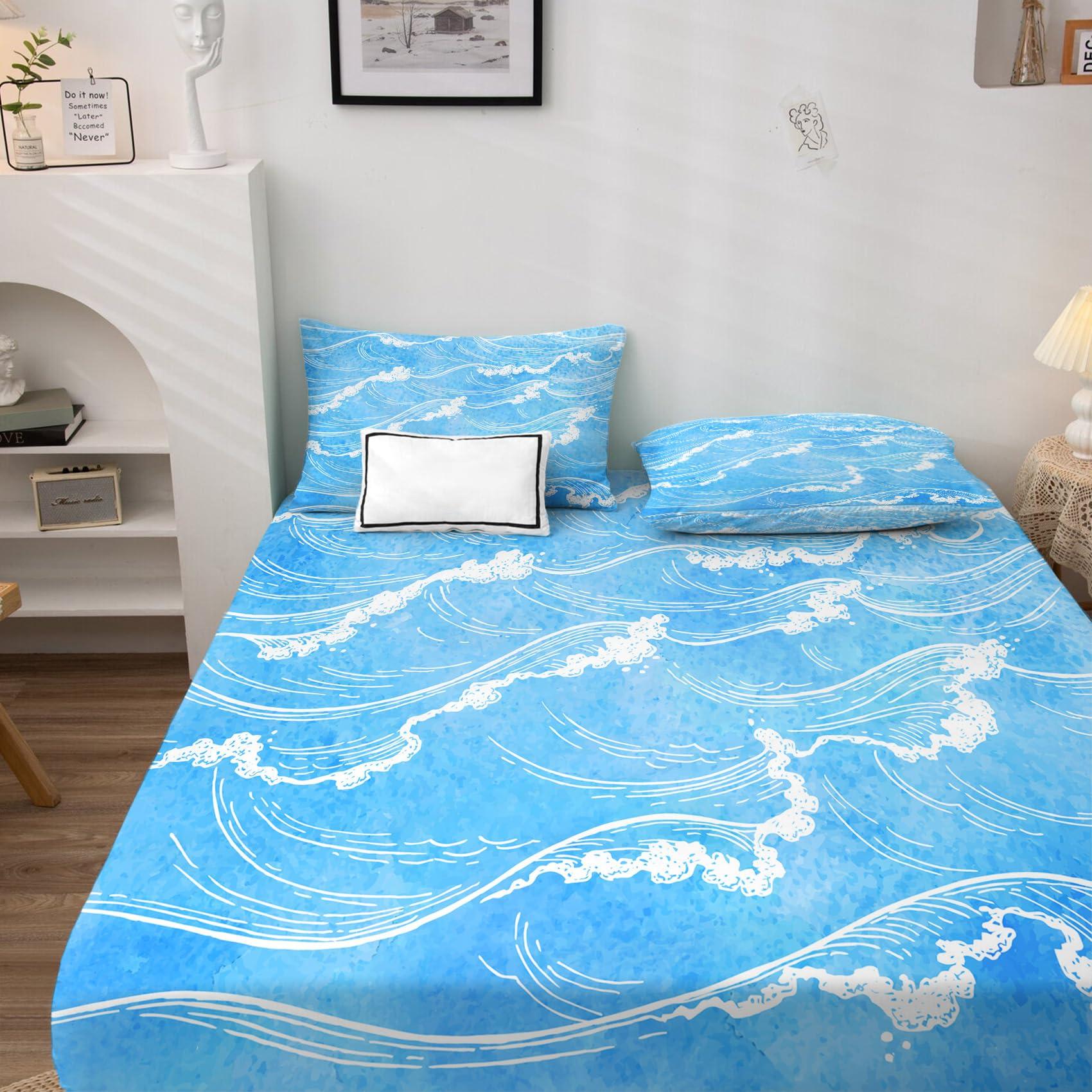 THYUNQ THYUNQ Ocean Wave Sheets Twin XL Size Bed, Blue Waves Pattern Bedding Sheets & Pillowcases - 16 Inch Deep Pocket, Super Soft Microfiber Printed Sheet Set 3 Piece