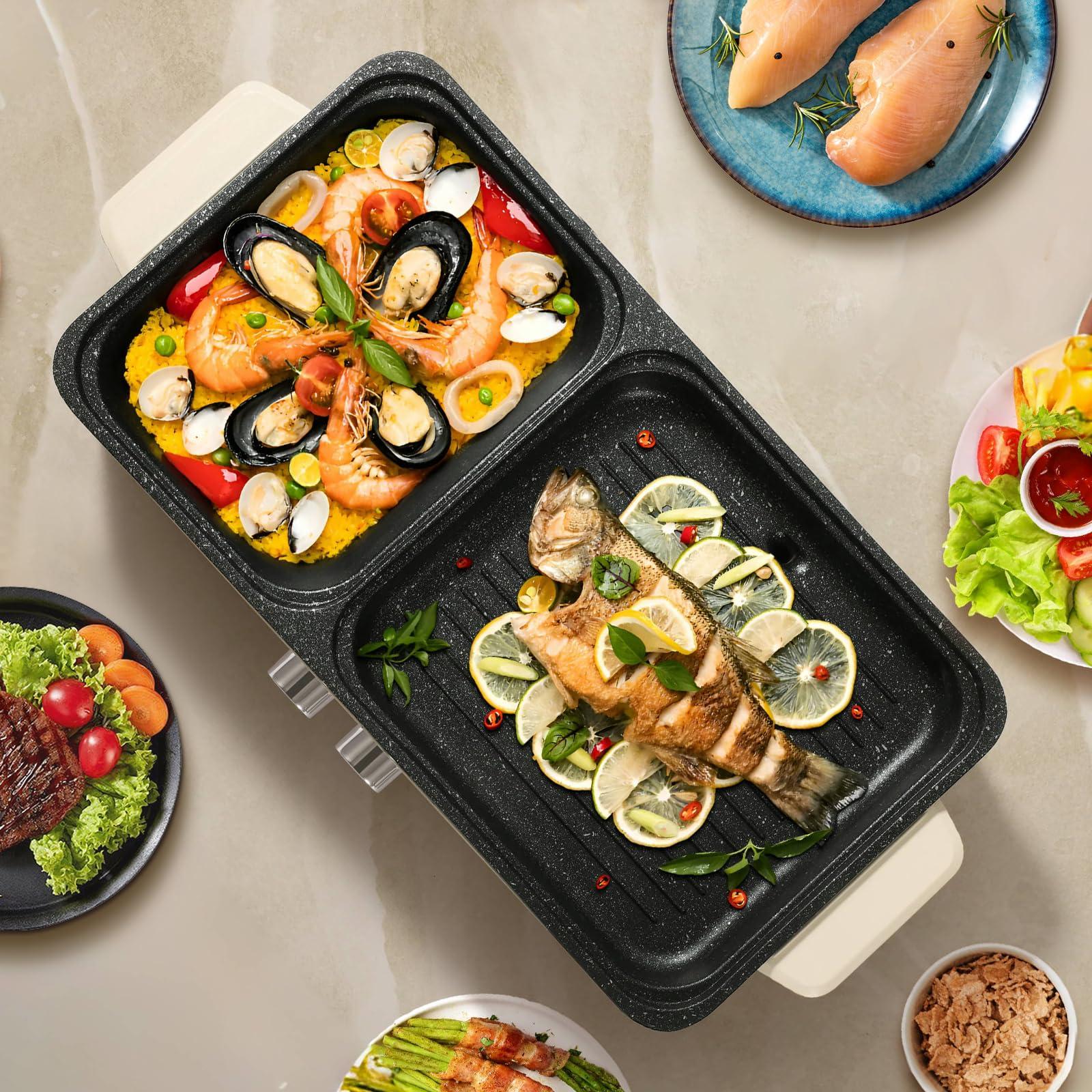 Food Party Food Party Hot Pot Electric Grill 2 in 1 Korean BBQ Grill Indoor Smokeless Hotpot Pot Electric Cooker Sahabu Shabu Pot Non Stick (Large)