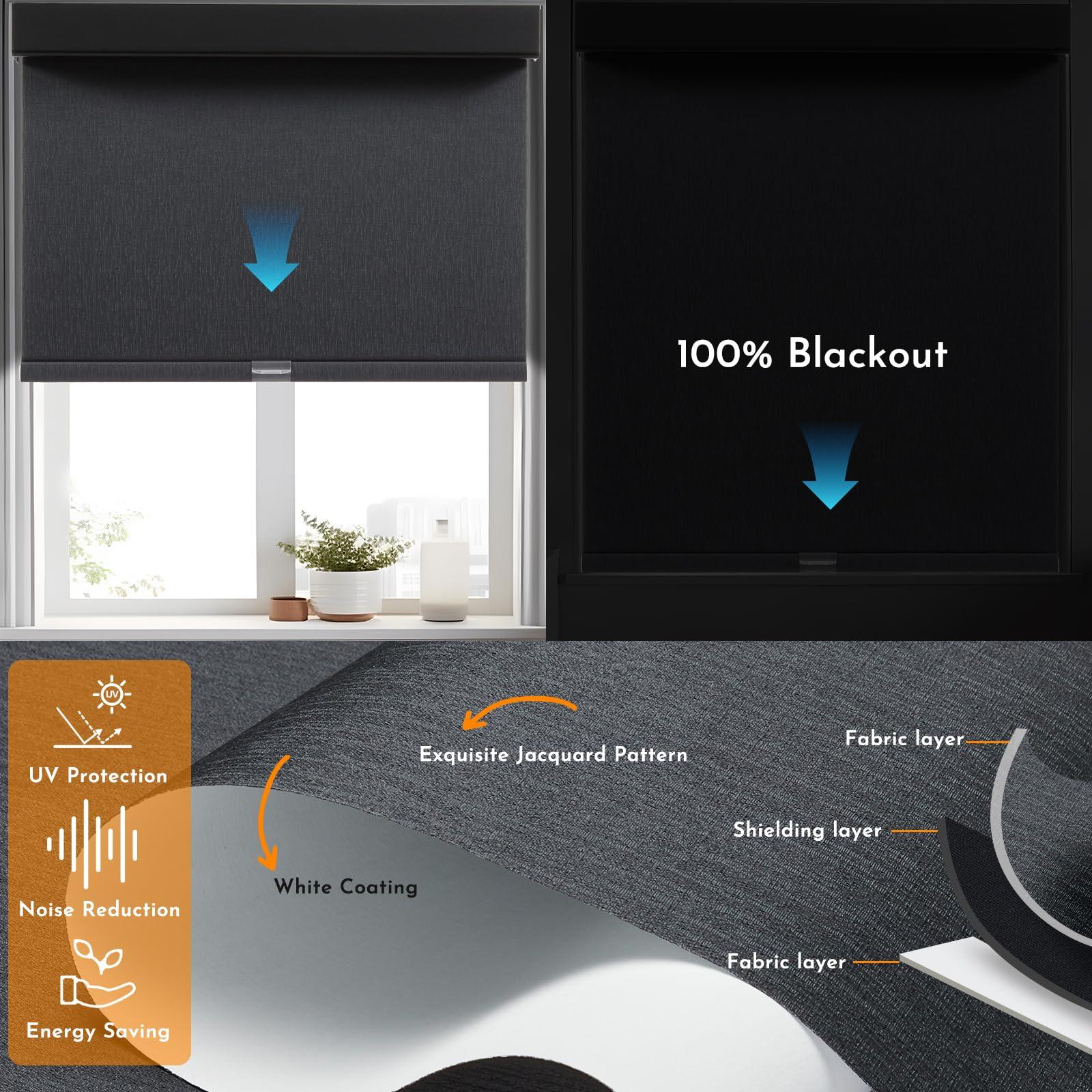 Persilux Persilux Motorized Smart Blind for Windows with Remote Control, Automatic Blackout Roller Shades Child Safety Rechargeable Battery Blinds with Valance for Home & Office, 76" W X 48" H, Blackout-Black