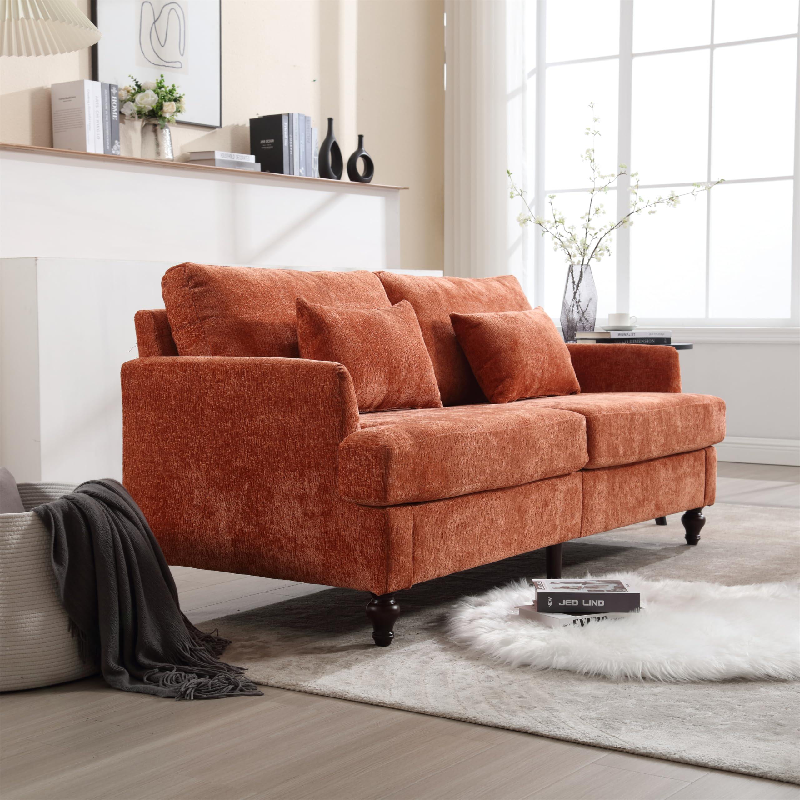 LIANGFU 68.9" Mid Century Modern Sofa, Loveseat Sofa, Chenille Upholstered Sofa, Two Seater Couch, Mini Cloud Couch, Comfy Couches for Living Room, Lounge Sofa with Brown Wood Feet for Bedroom (Dark Orange)