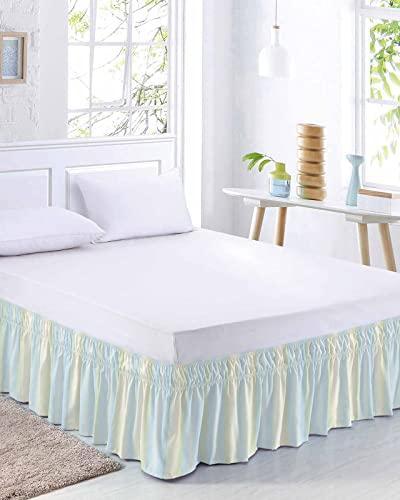 RisQiten Teal Blue Striped Bed Skirt King Size 16 Inch Drop, Adjustable Elastic Bedskirt Dust Ruffle for King Size Bed, Modern White Cream Ombre Abstract Art Wrap Around Bed Skirts Pleated Bed Frame Cover