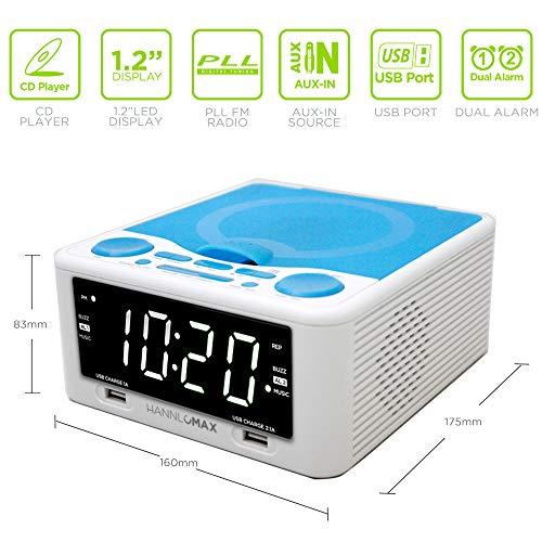 HANNLOMAX HANNLOMAX HX-300CD Top Loading CD Player, PLL FM Radio, Digital Clock, 1.2\" White LED Display, Dual Alarms, Dual USB Ports for 2.1A and 1A Charging, AC/DC Adaptor Included (White_Blue)