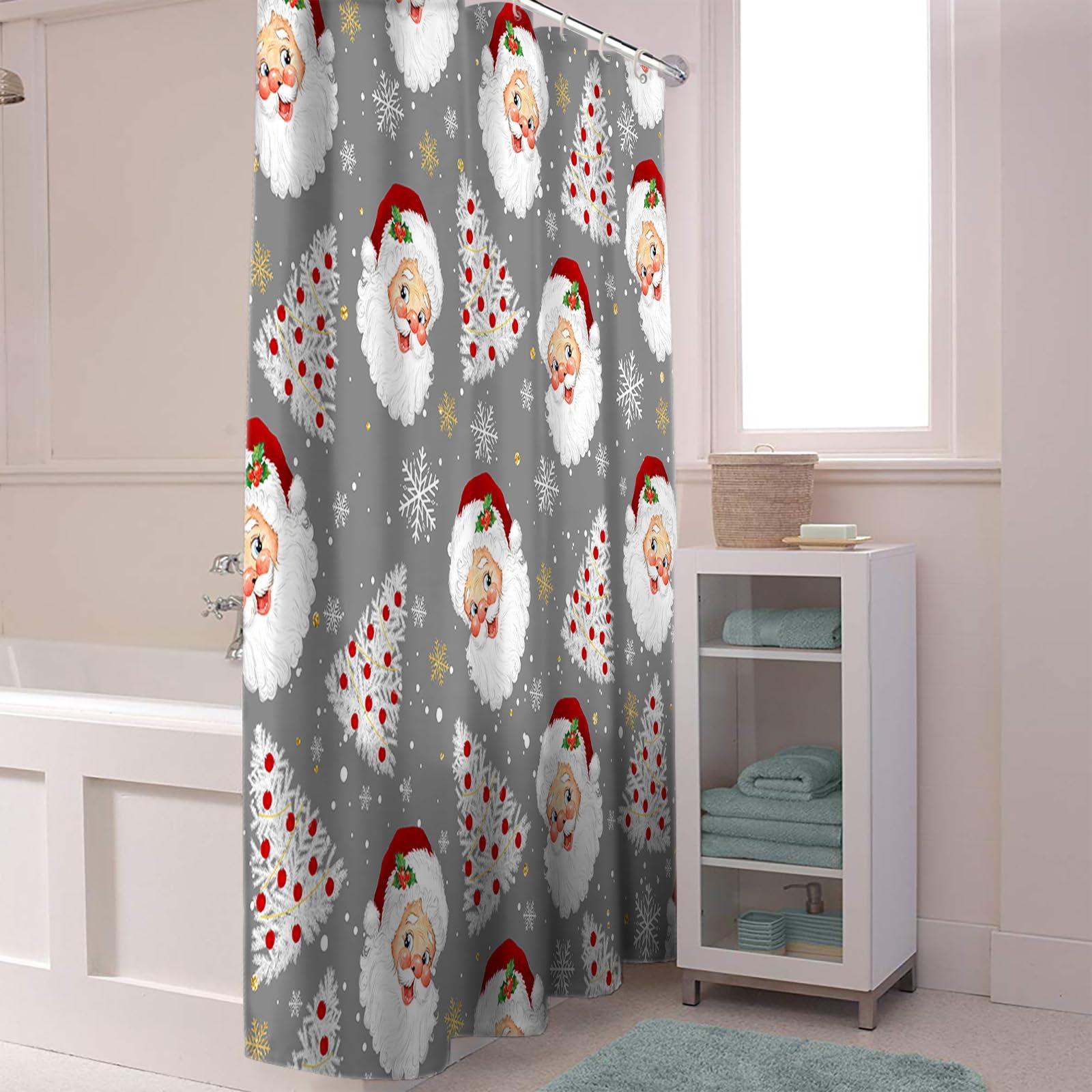 Vandarllin Grey Christmas Shower Curtain, Santa Claus Merry Christmas Tree Shower Curtains Set with Hooks, Winter Snowflake Waterproof Fabric Bathroom Curtains Decor Home Accessories,72 X 84 Inch Extra Long