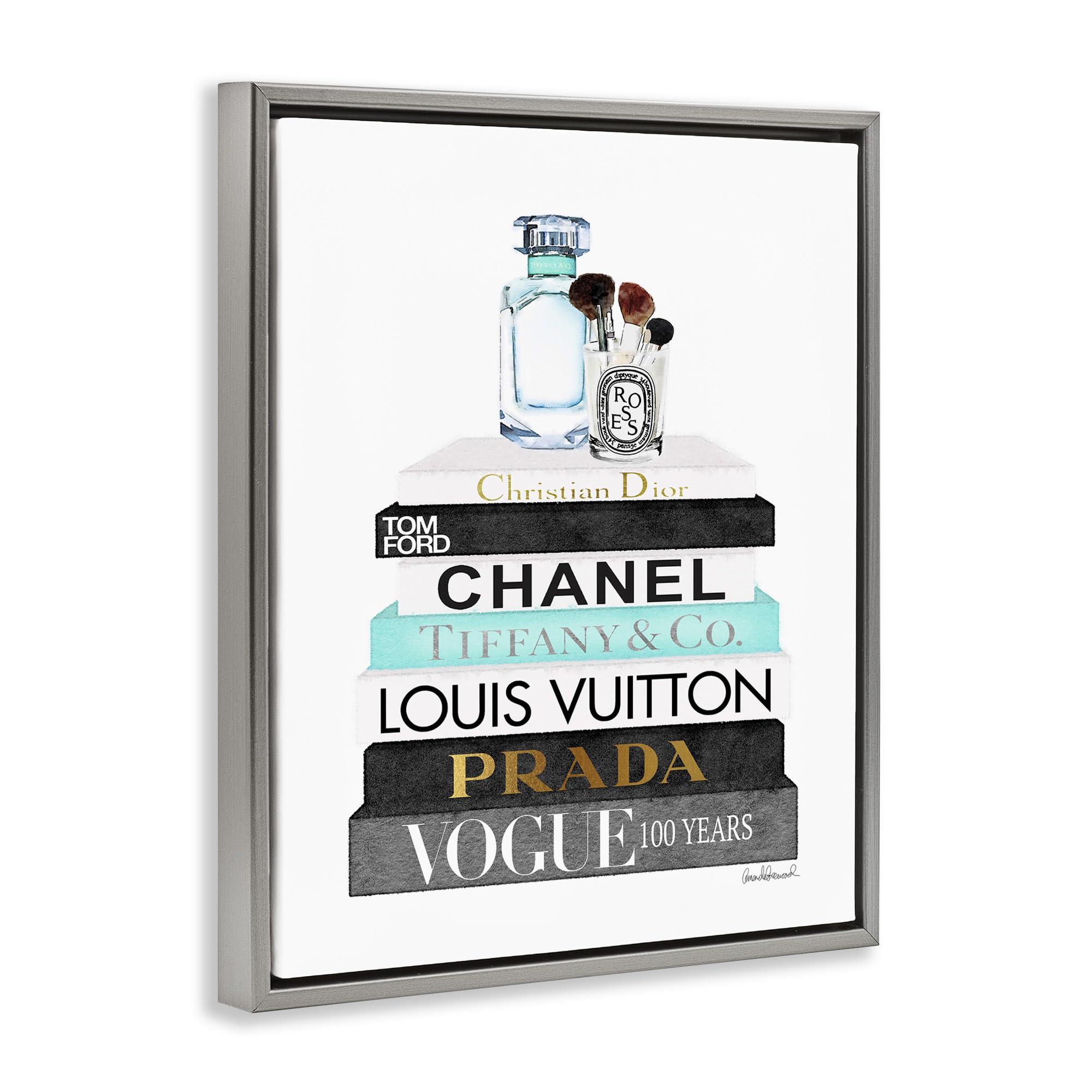 Stupell Industries Stupell Industries Book Stack Perfume Brushes Glam Fashion Watercolor, Design by Amanda Greenwood, Grey Floater Framed, 24 x 30