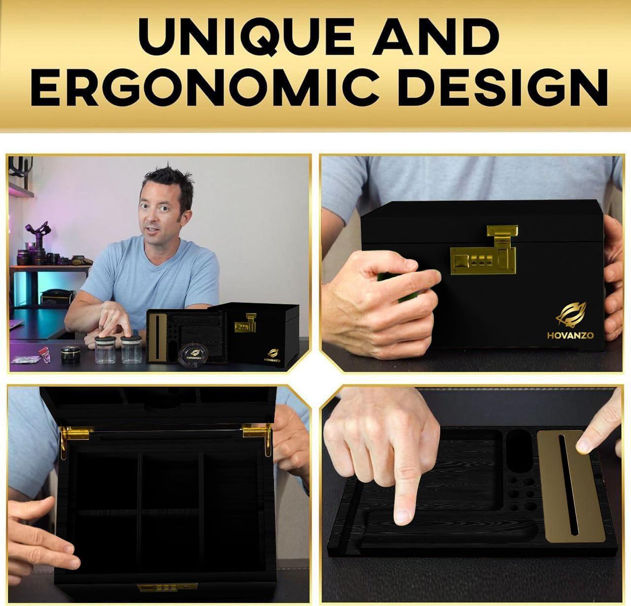 HOVANZO HOVANZO Premium Large Bamboo Box - Decorative Box Wooden Locking Storage Box with Rolling Tray - Decorative Wood Box for Herbs and Accessories - Decorative Box Set with Combination Lock