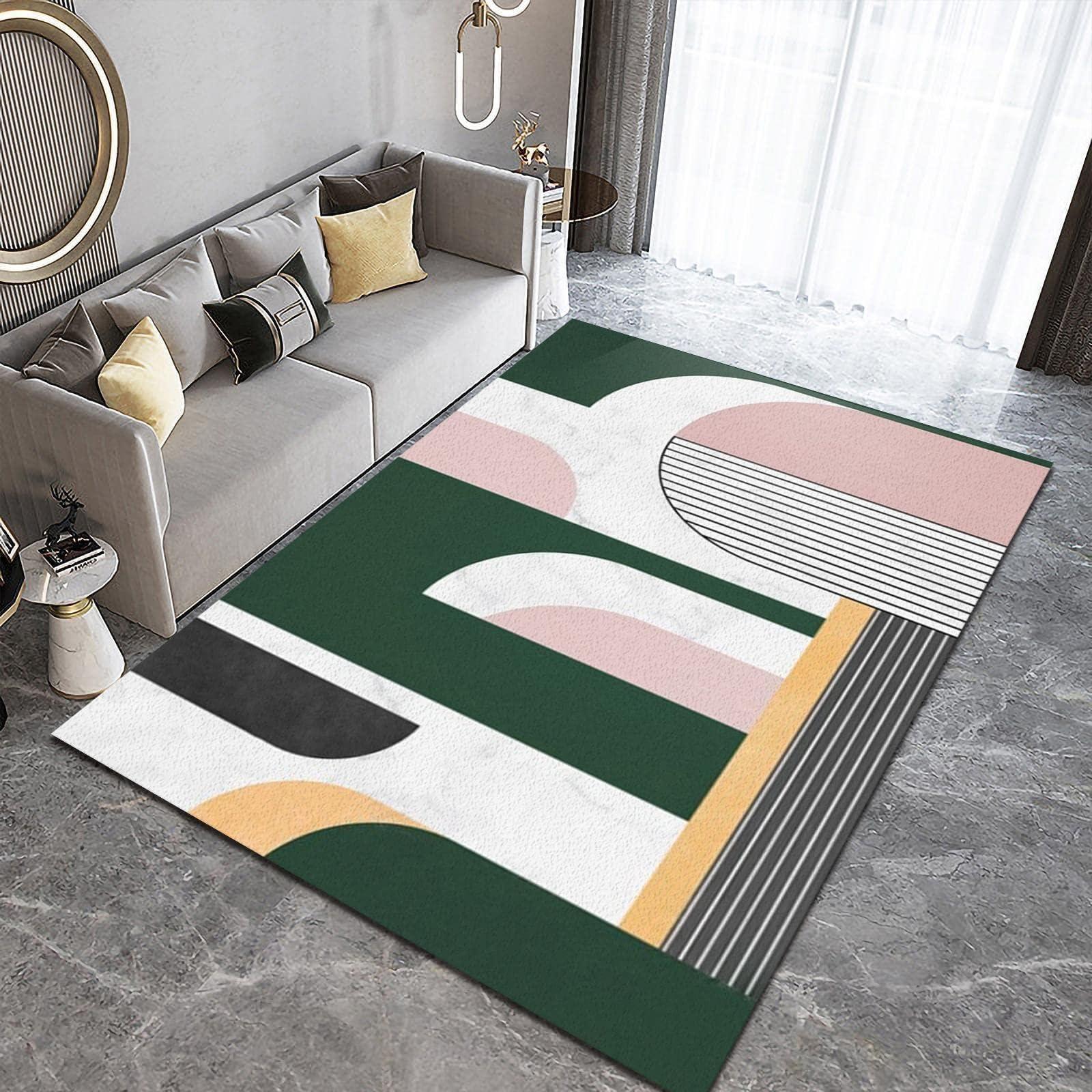 RAALON Retro Emerald Green Pink Medieval Style Area Rugs, Nordic Geometric Bohemian Irregular Stripes Indoor Rug, with Anti-Slip Easy Clean Carpet for Living Room Kitchen Dining Room Home Office 4' x 5'