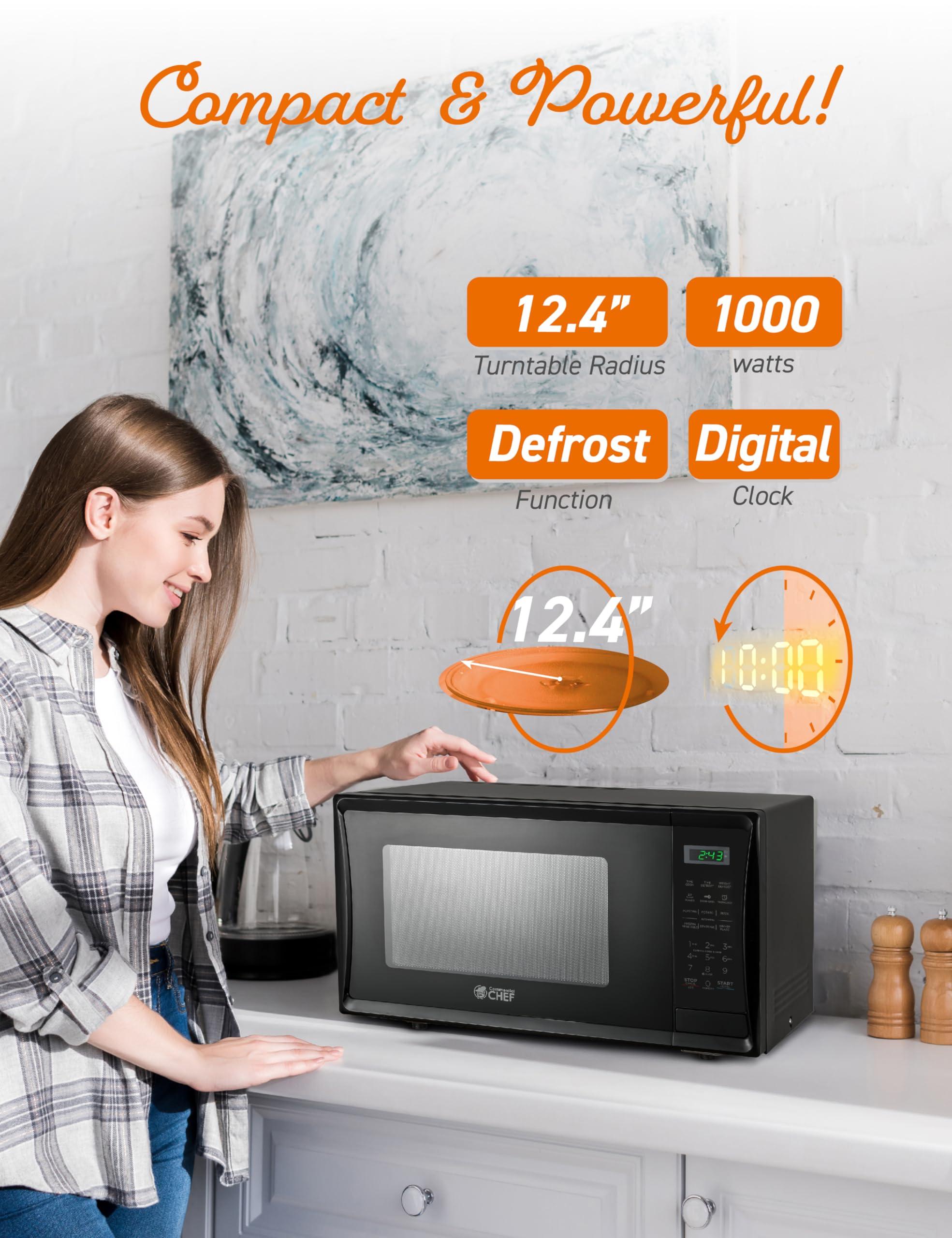 Commercial CHEF COMMERCIAL CHEF 1.1 Cu Ft Microwave with 10 Power Levels, Microwave 1000W with Push Button Door Lock, Countertop Microwave with Microwave Turntable and Digital Controls, Black